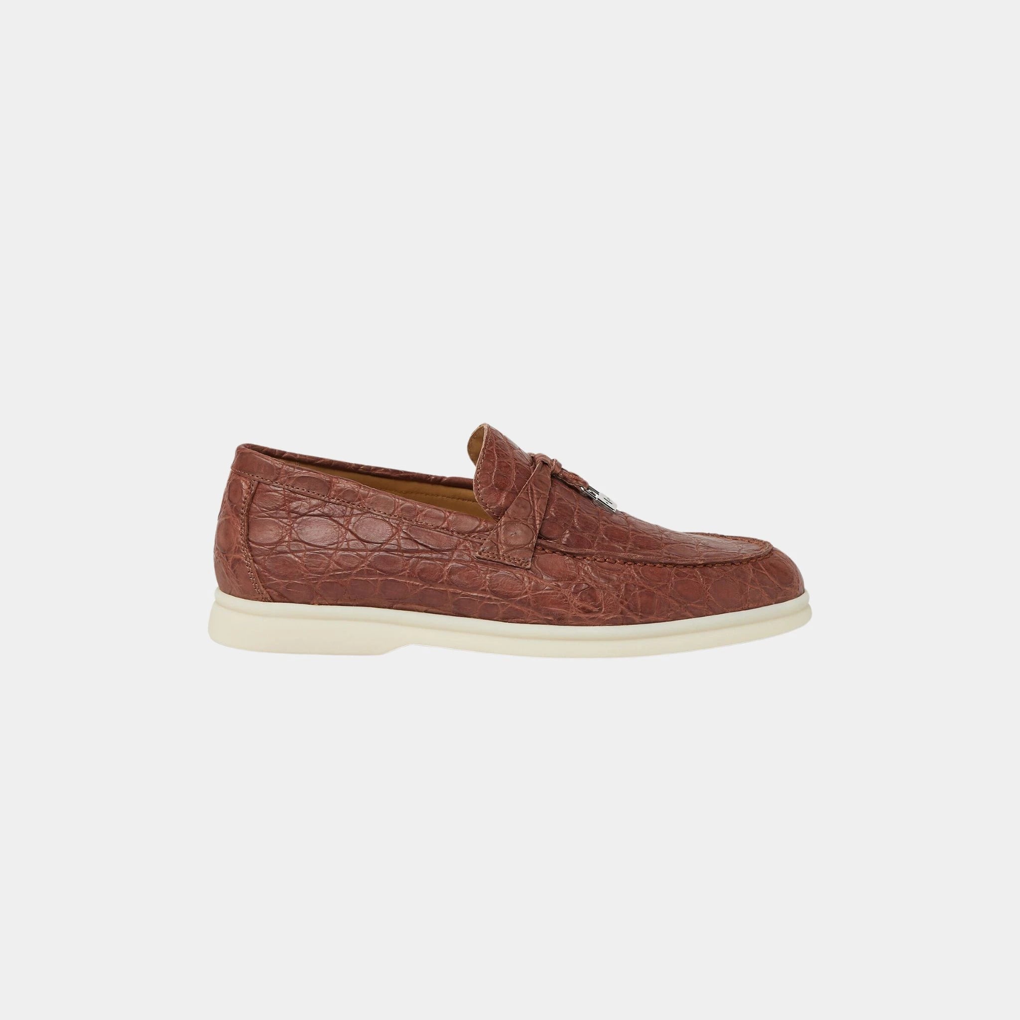Loro Piana Summer Charms Walk Loafer in Caiman Leather, Paprika Brown, Side