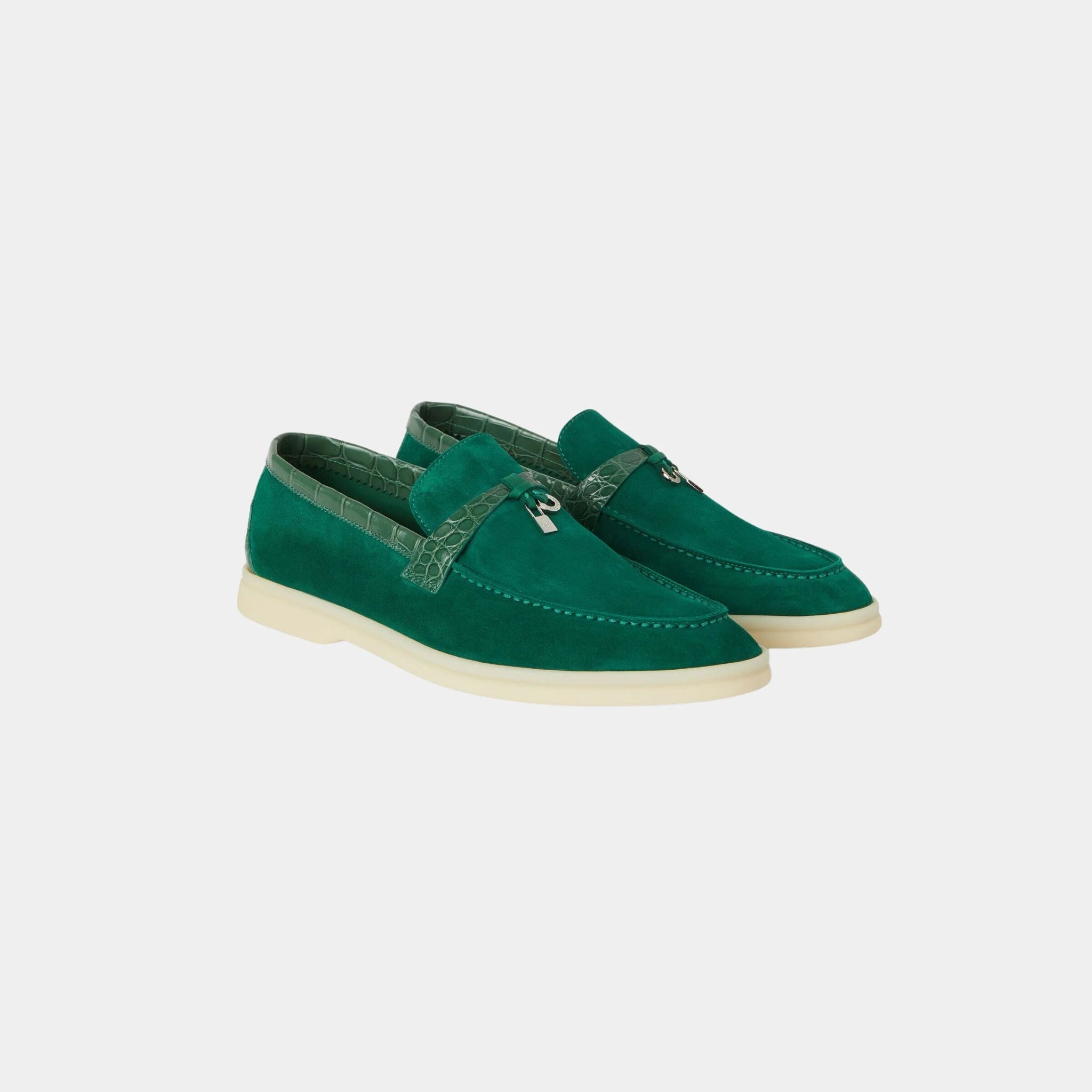 Loro PIana Summer Charms Walk Loafer Suede with Alligator Skin, Baobab Green, Front