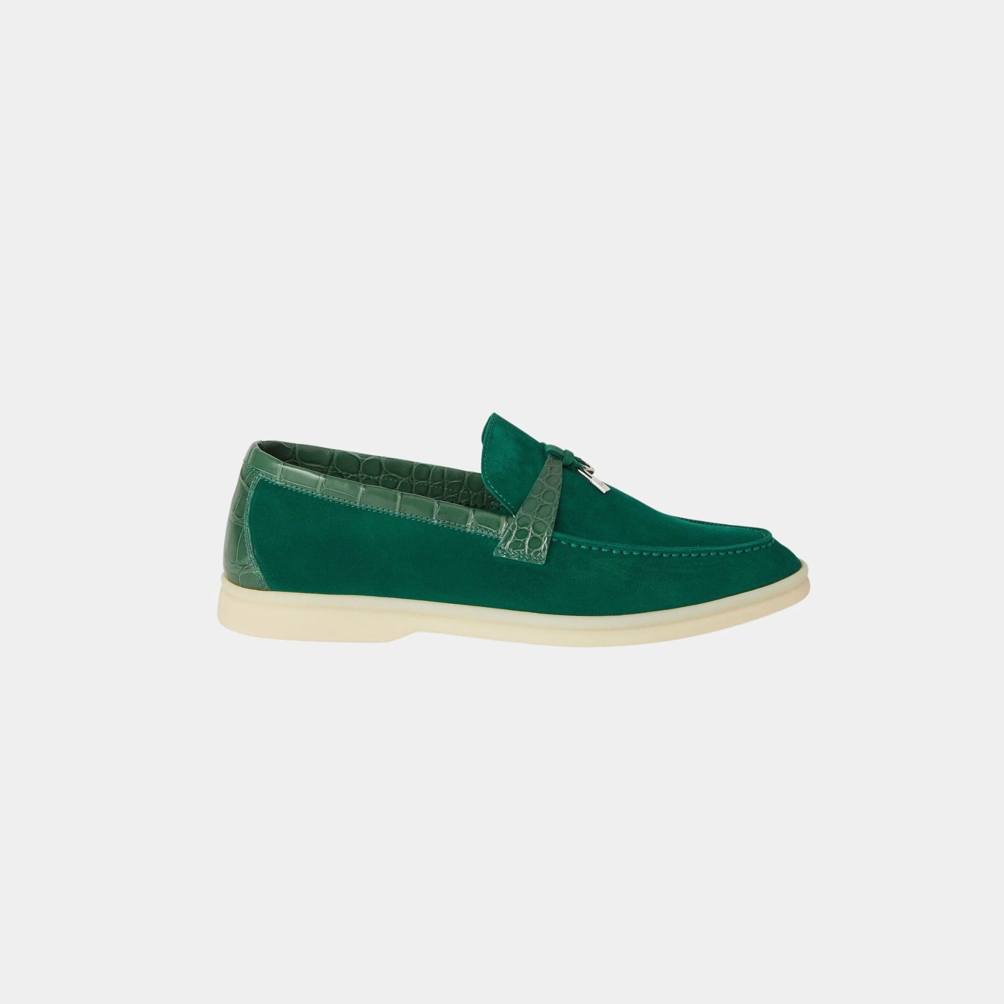 Loro PIana Summer Charms Walk Loafer Suede with Alligator Skin, Baobab Green, Side