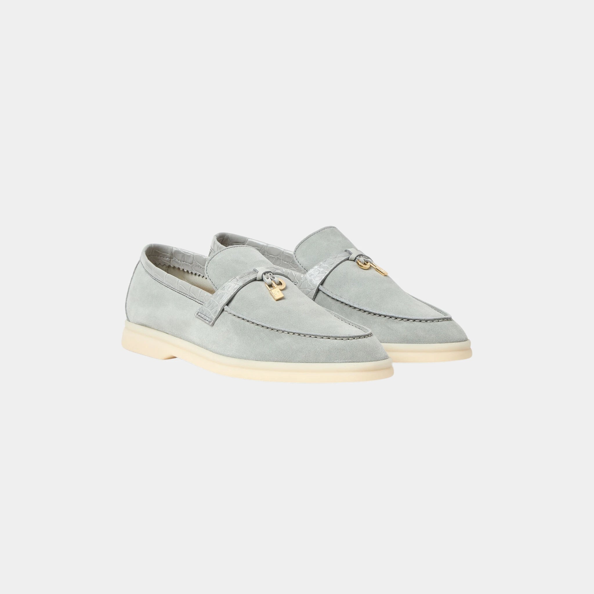 Loro Piana Summer Charms Walk Loafer Suede with Alligator Skin, Eucalyptus, Front