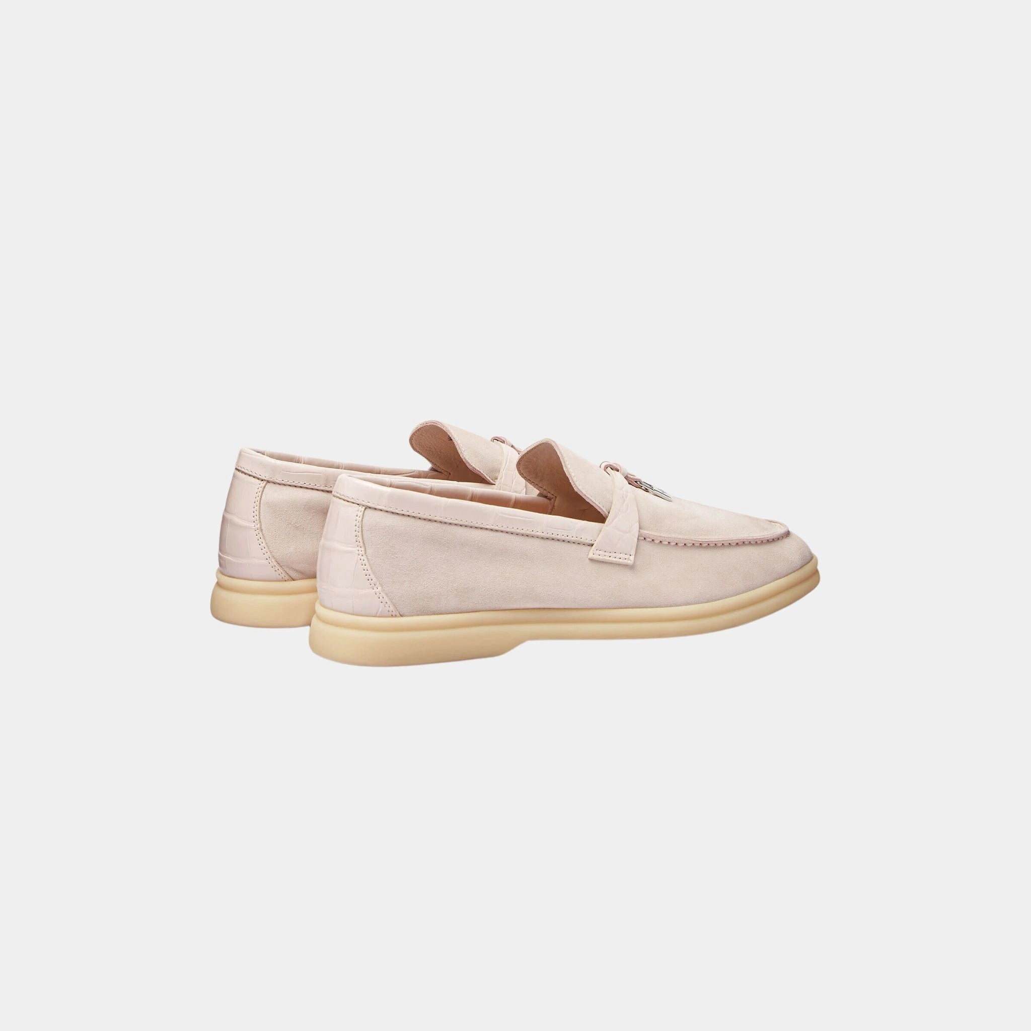 Loro PIana Summer Charms Walk Loafer Suede with Alligator Skin, Whisper Pink, Back