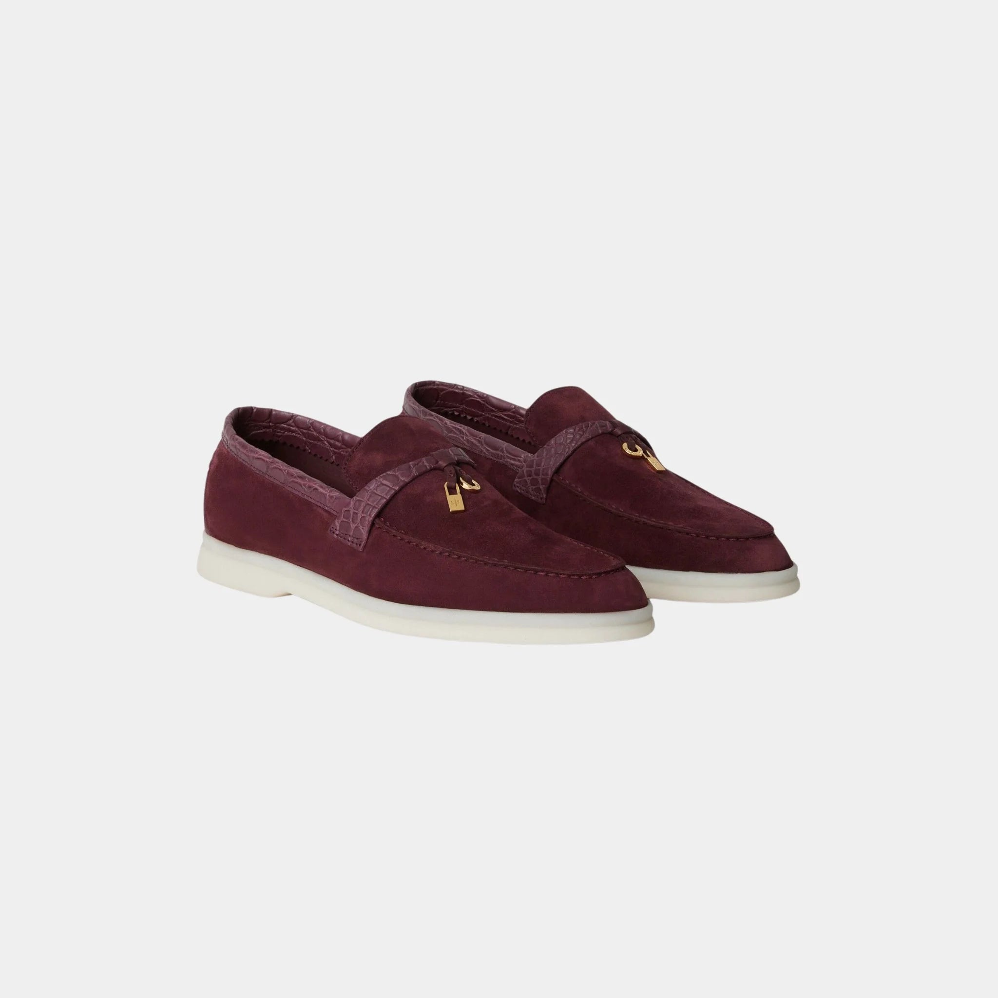 Loro Piana Summer Charms Walk Loafer Suede with Caiman Skin, Wild Plum, Front