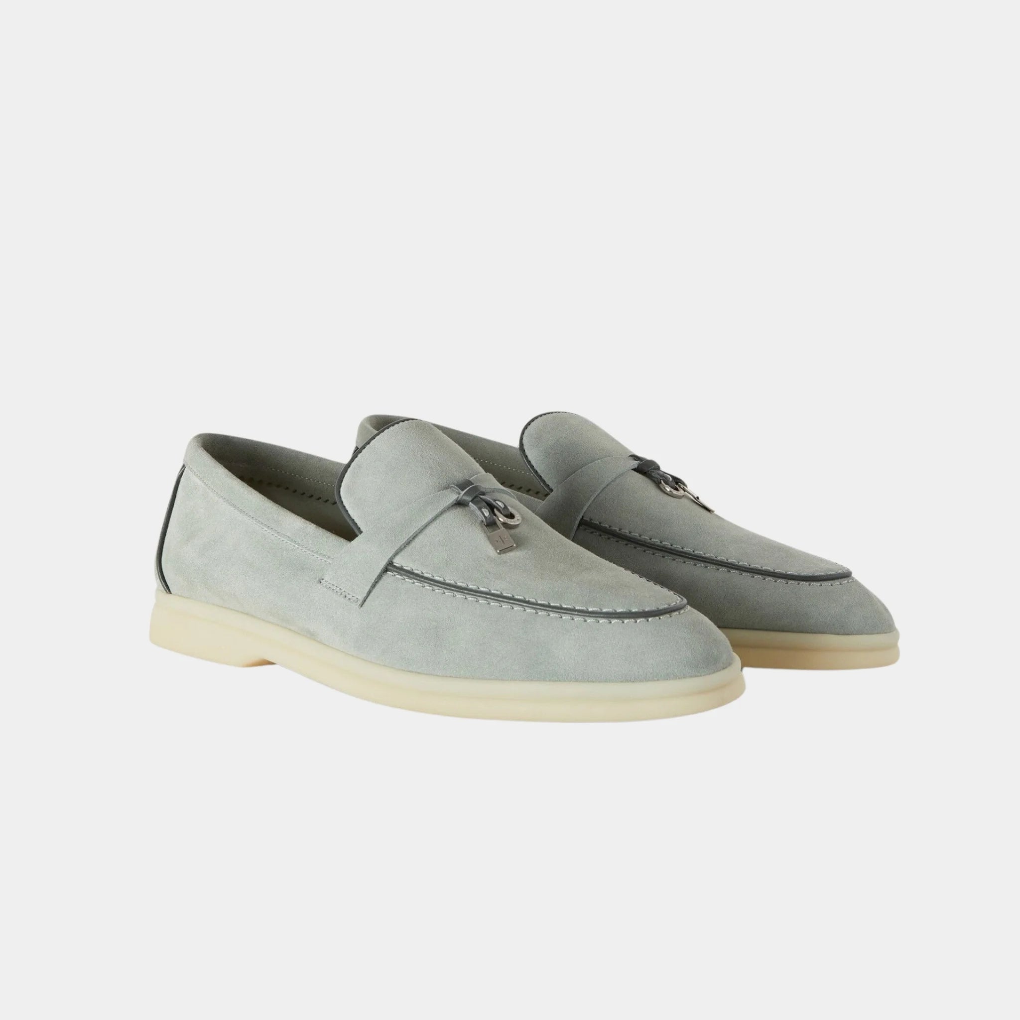 Loro Piana Summer Charms Walk Loafer in Suede & Lambskin, Eucalyptus, Front