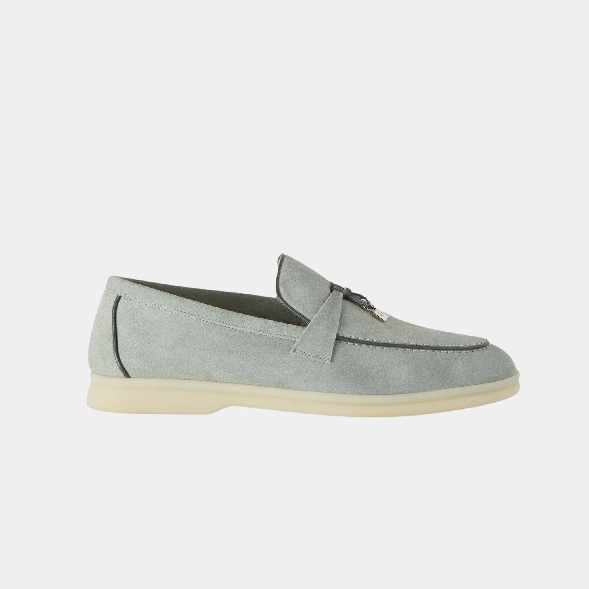 Loro Piana Summer Charms Walk Loafer in Suede & Lambskin, Eucalyptus, Side