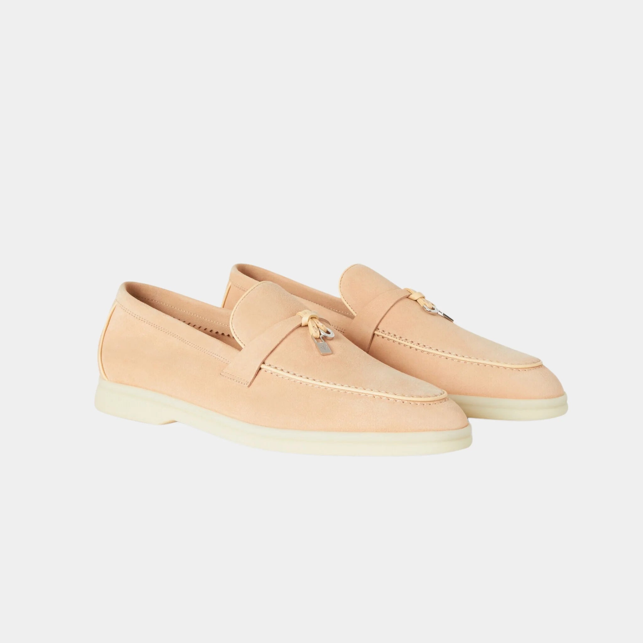 Loro Piana Summer Charms Walk Loafer in Suede & Lambskin, Pink Reef, Front