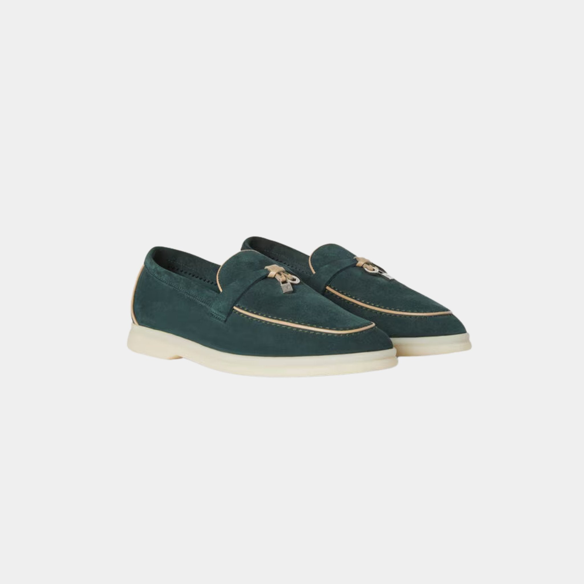 Loro Piana Summer Charms Walk Loafers Suede Goatskin, Emerald Noire, Front