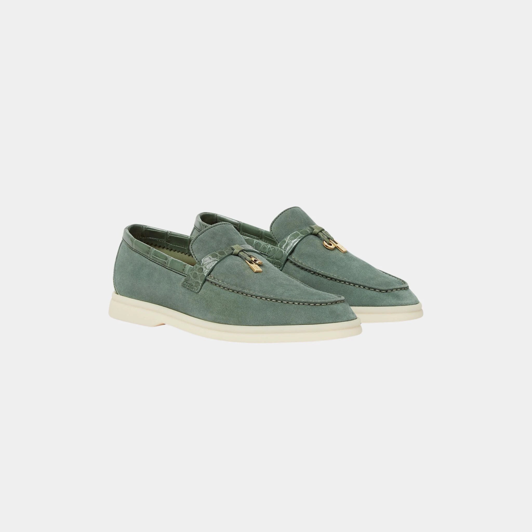 Loro Piana Summer Charms Walk Loafers Suede with Alligator Skin, Green Lagoon, Front