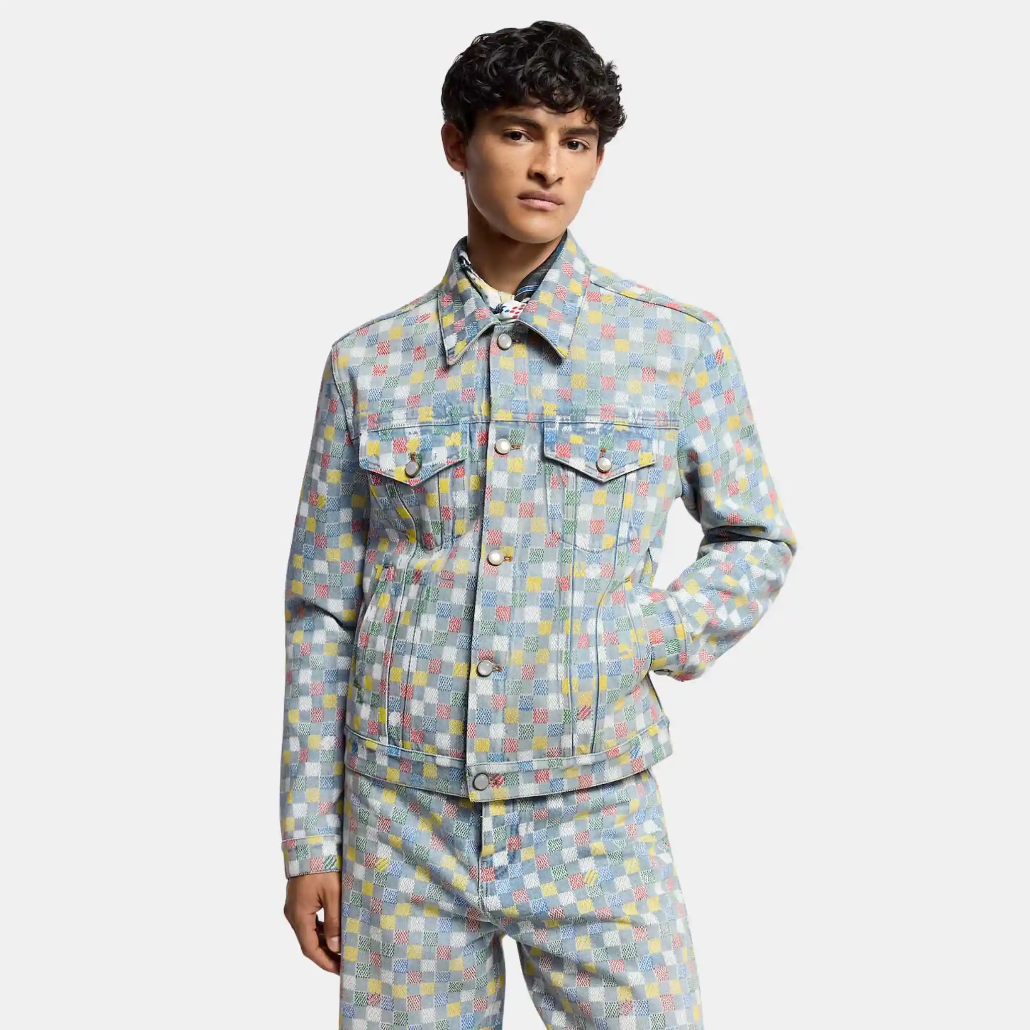 Louis Vuitton Damier Denim Trucker Jacket Runway, Model Front