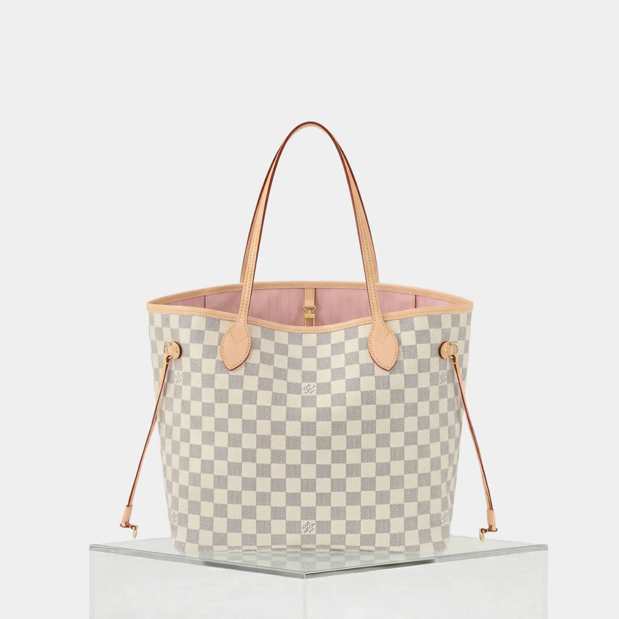 Louis Vuitton Neverfull MM Tote In Damier Azur, Rose Ballerine, Front