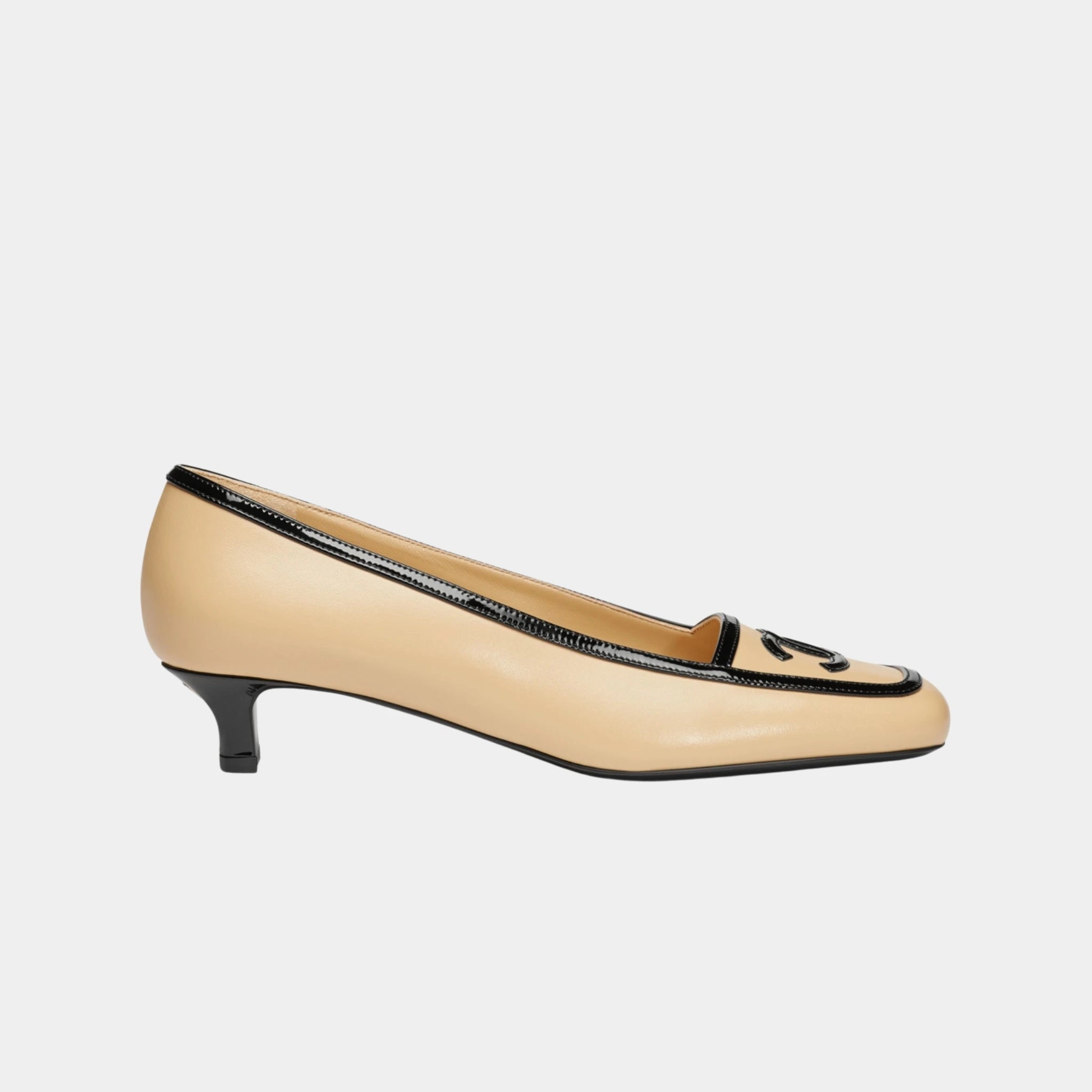 Chanel Low Heeled Pumps in Lambskin & Patent Calfskin, Beige Black, Side