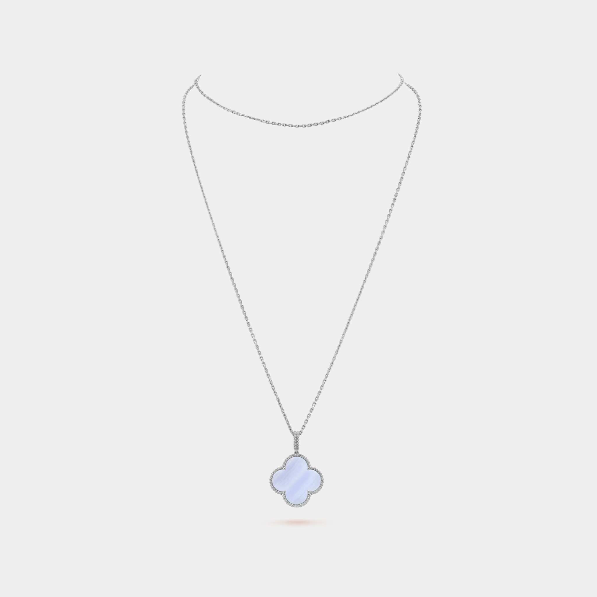 Magic Alhambra Long Necklace 1 Motif White Gold Chalcedony, Front