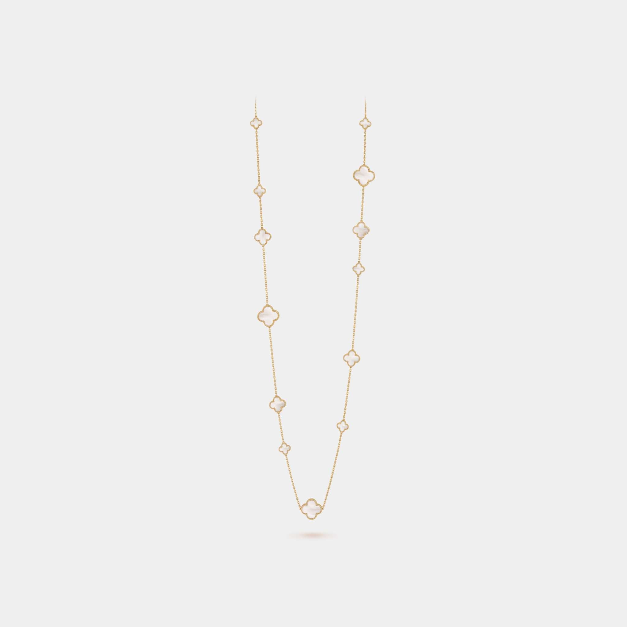 Magic Alhambra Long Necklace 16 Motifs Yellow Gold Mother Of Pearl, Front