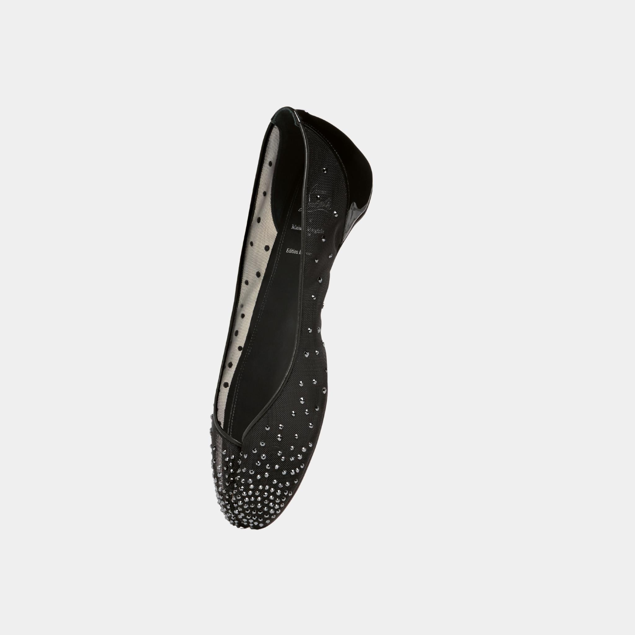Maison Margiela Marlougiela Strass Ballerina Shoes Mesh Calf Leather, Black, Front