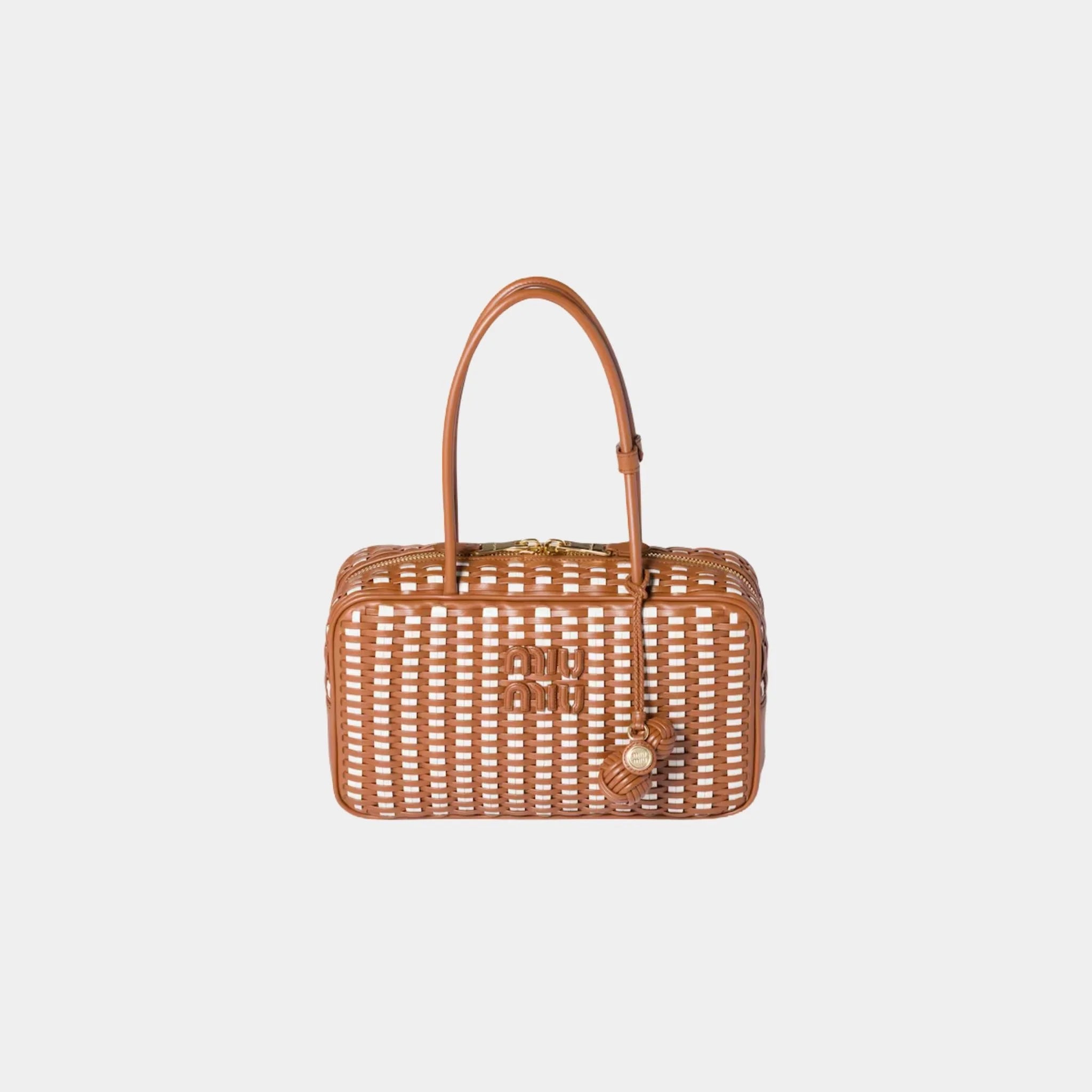 Miu Miu Beau Calfskin Leather Bag in Woven Pattern, Cognac, White, Front