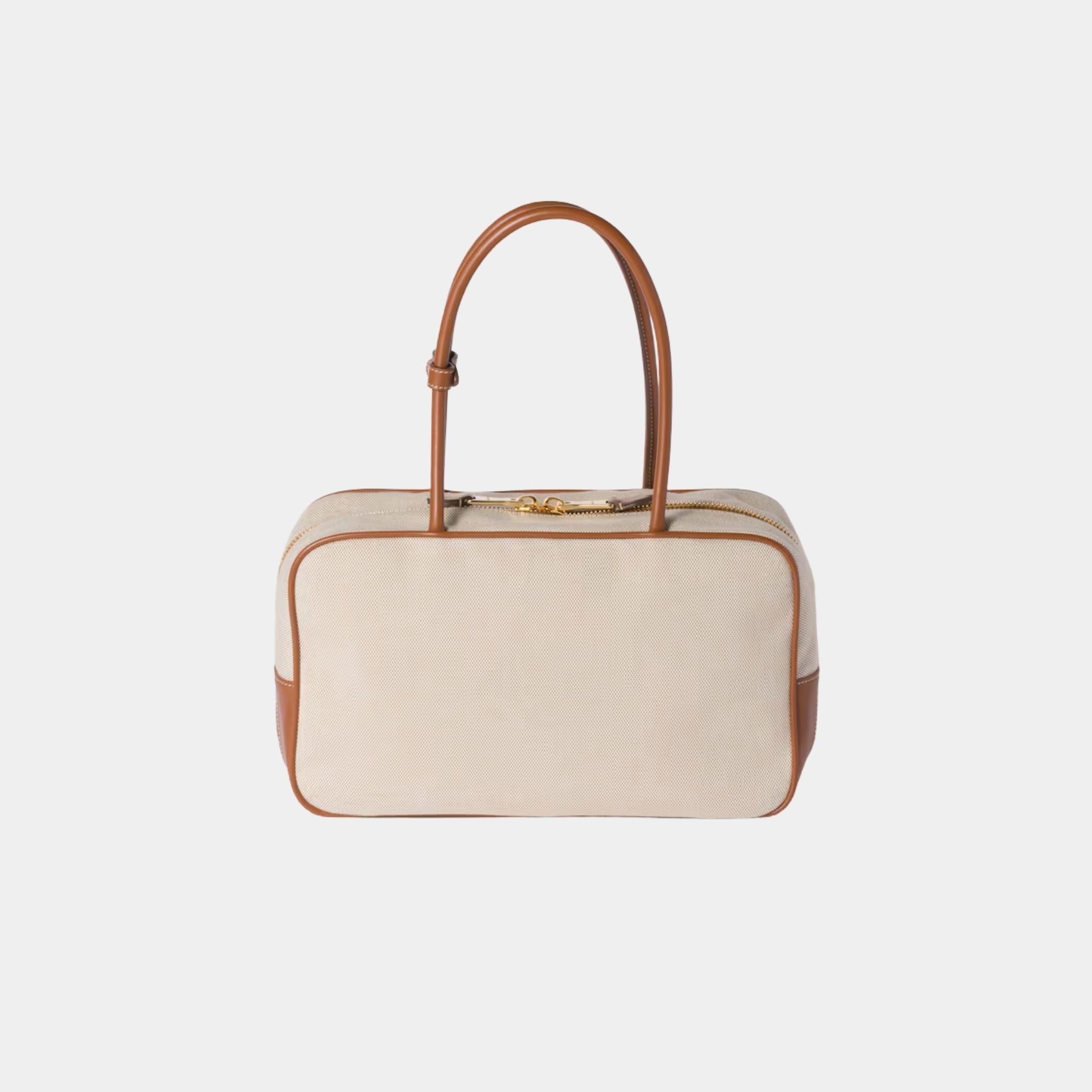Miu Miu Beau Canvas and Leather Large Bag, Beige, Brandy, Back