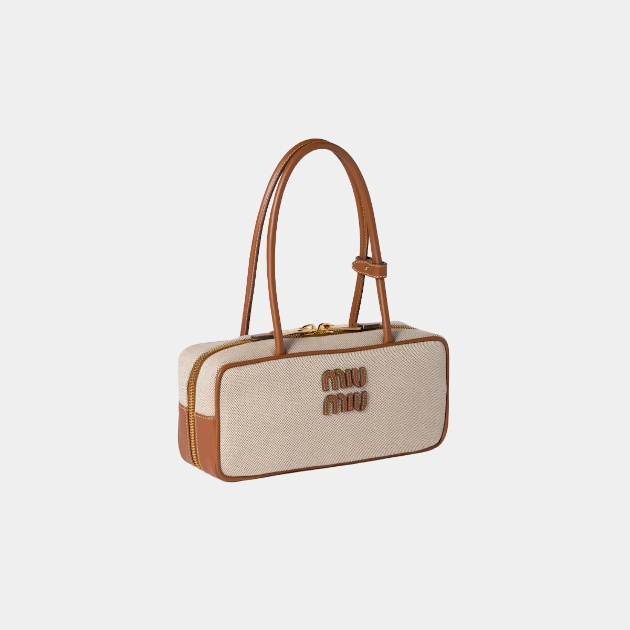 Miu Miu Beau Canvas and Leather Small Bag, Beige, Brandy, Side