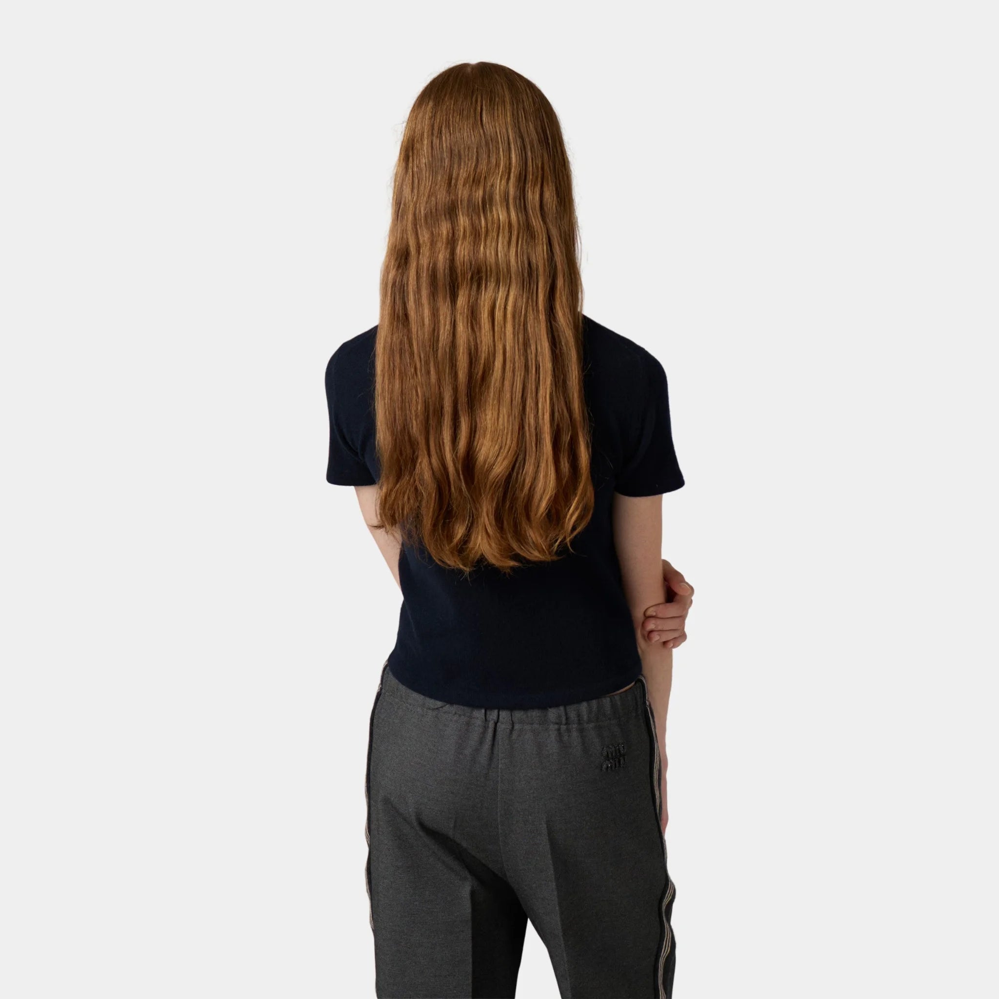 Miu Miu Cashmere Straight Fit Sweater, Navy, Model, Back