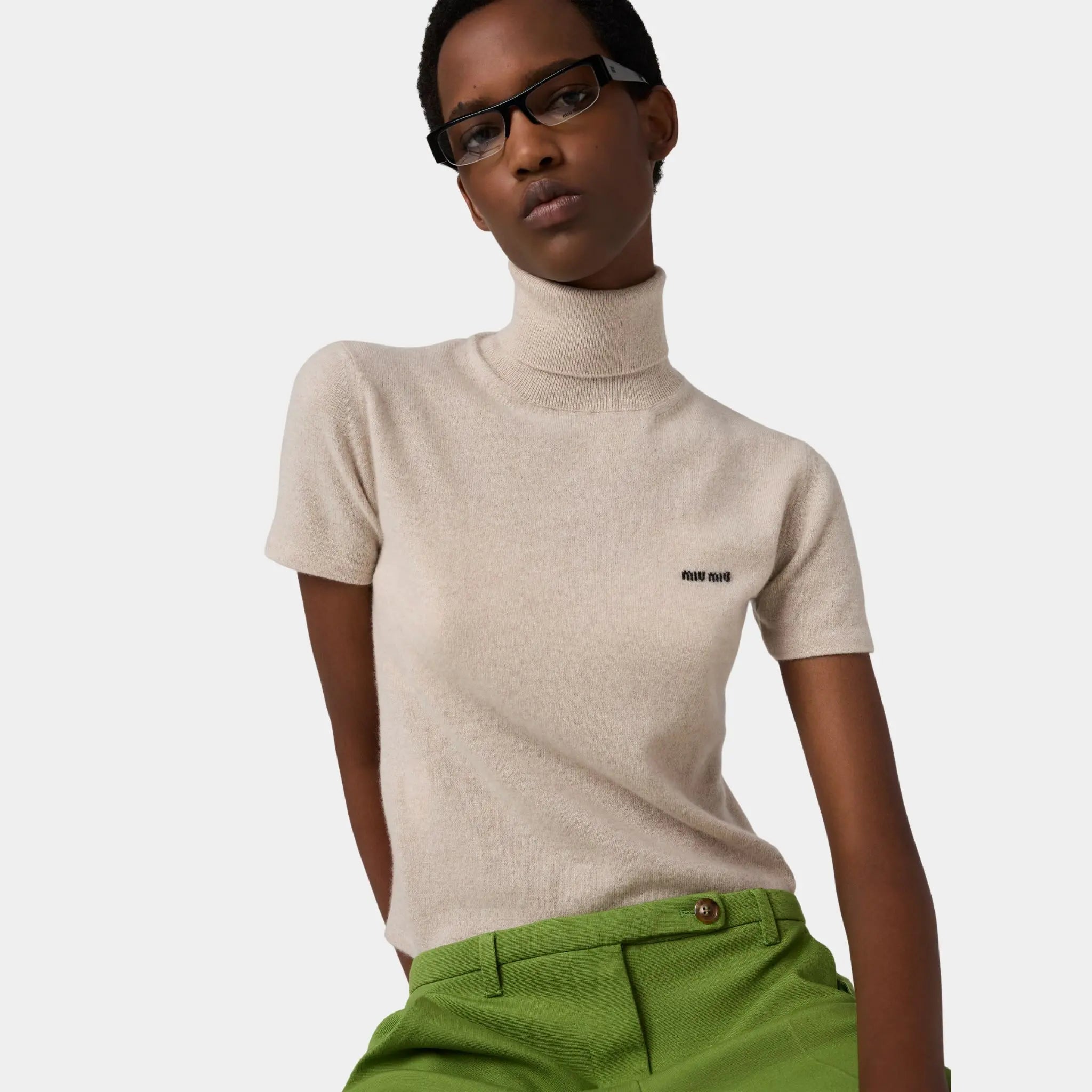 Miu Miu Cashmere Turtleneck Sweater, Sand Beige, Model, Front, Close