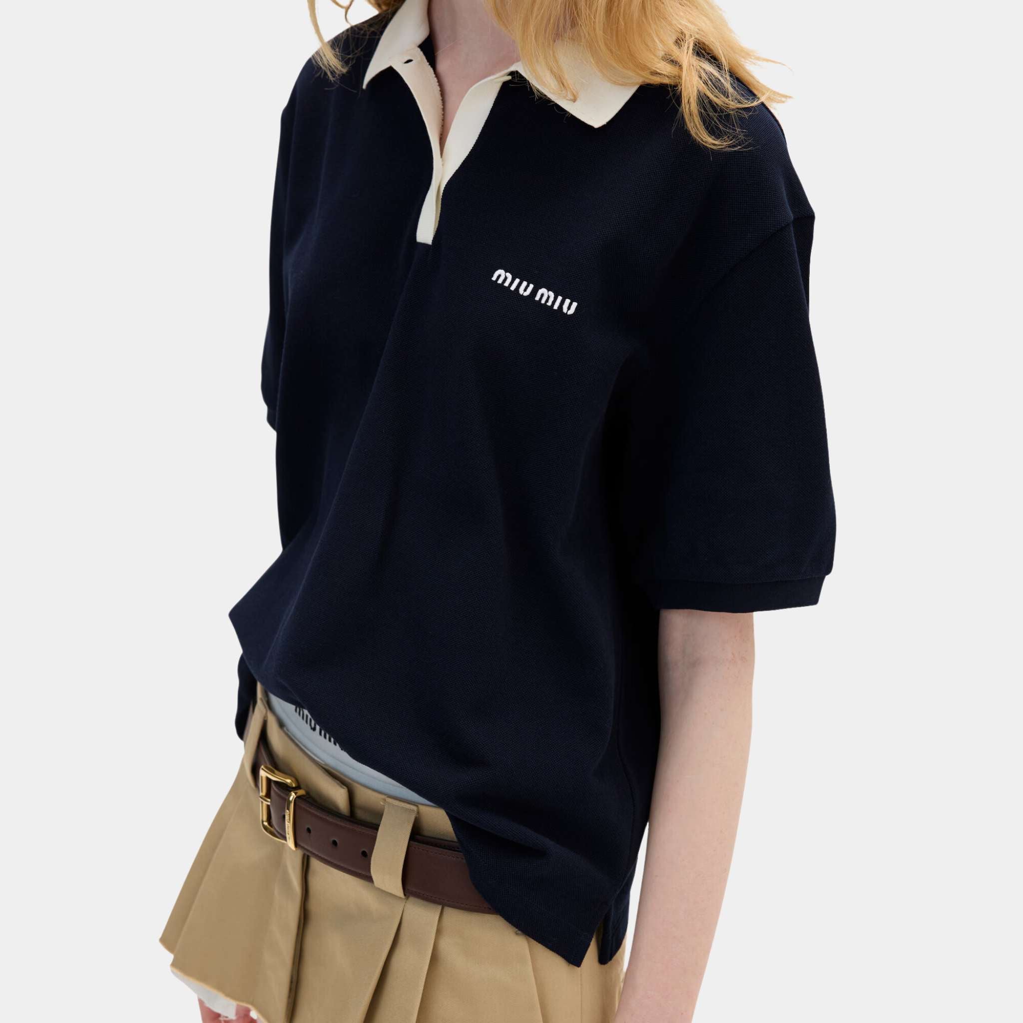 Miu Miu Cotton Piqué Polo Shirt Navy, Side, Model, Closeup