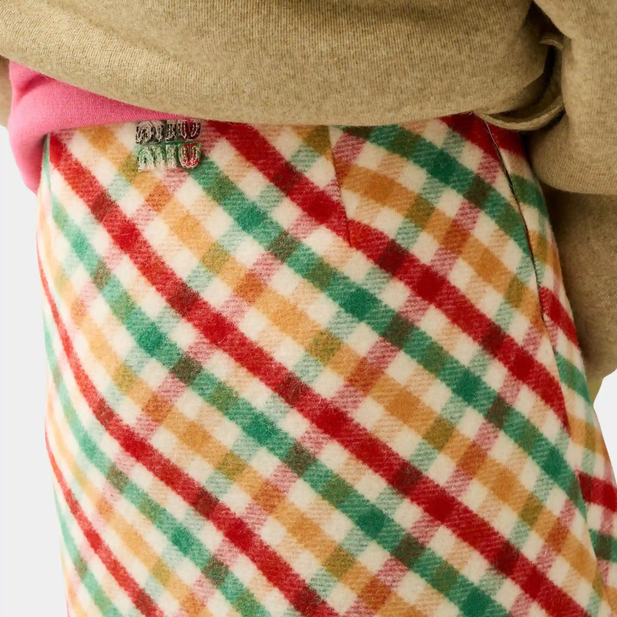 Miu Miu Diagonal Check Skirt, Red, Green, Logo