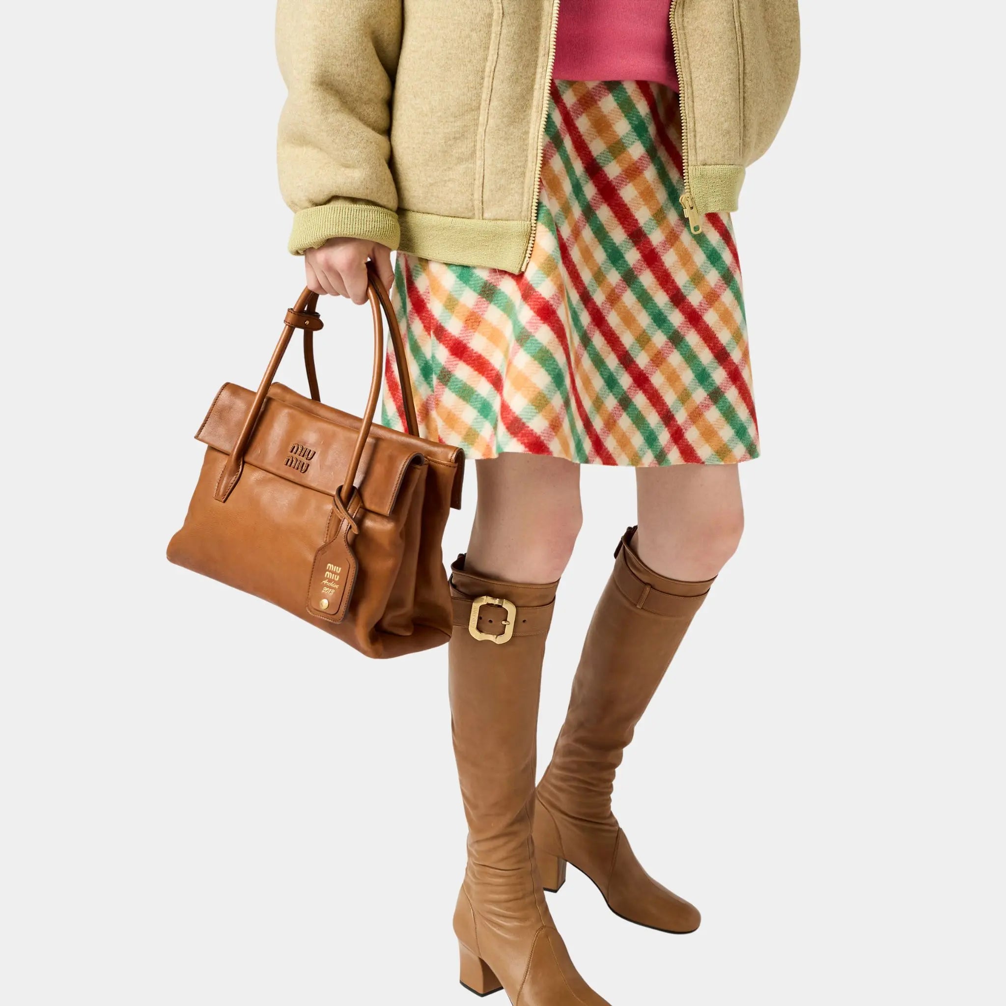 Miu Miu Diagonal Check Skirt, Red, Green, Model, Front