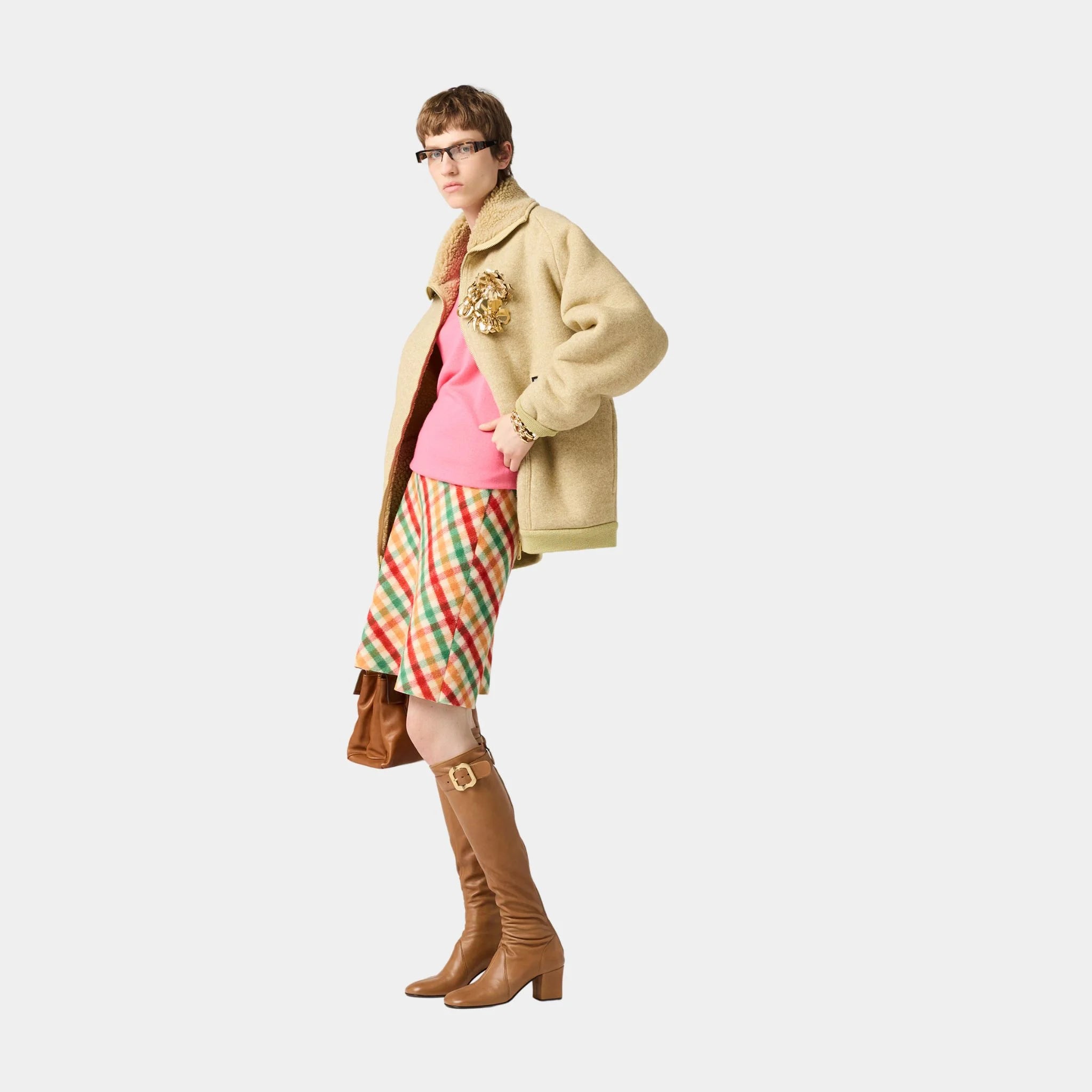 Miu Miu Diagonal Check Skirt, Red, Green, Model, Side