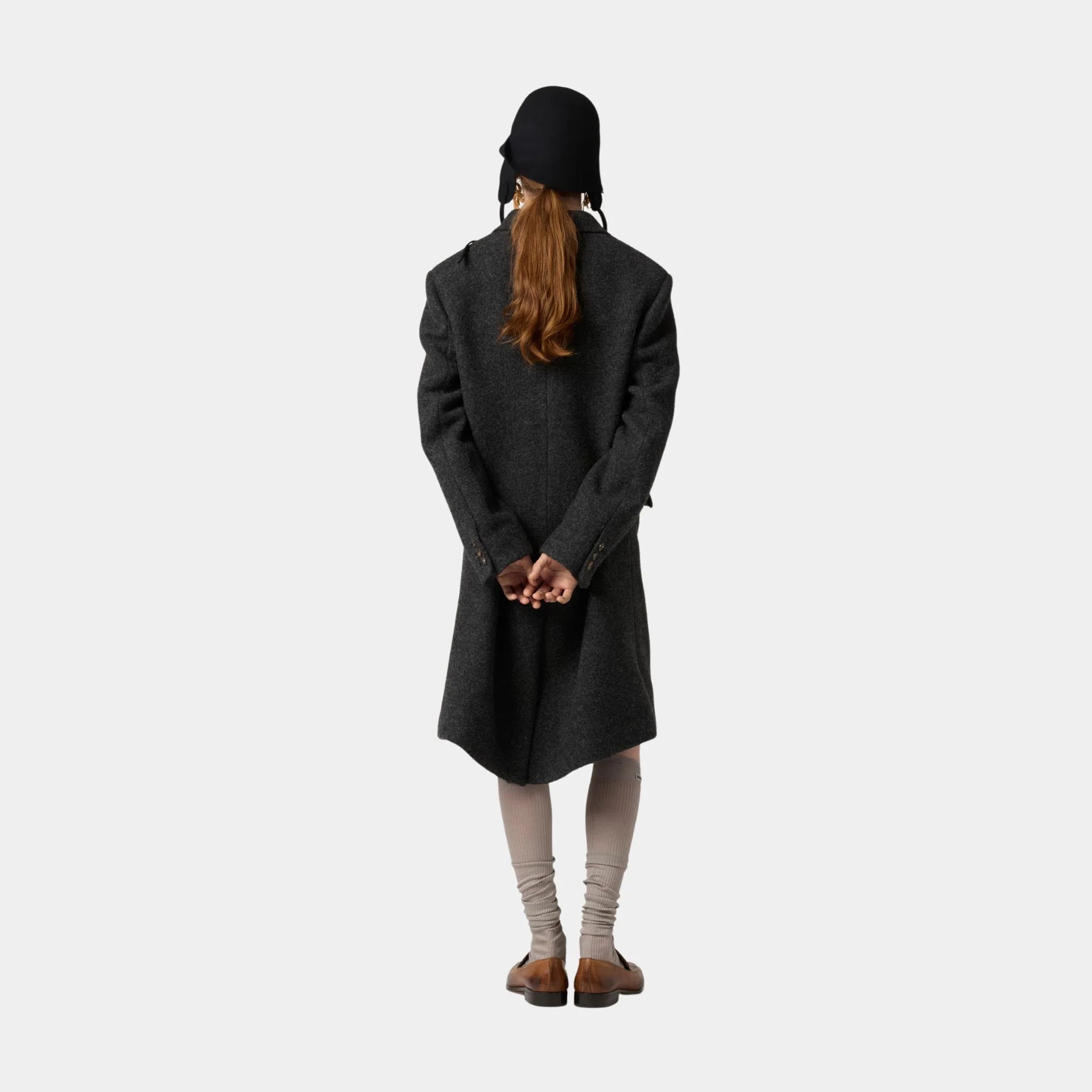 Miu Miu Double-breasted Shetland Wool Coat, Anthracite Gray, Model, Back