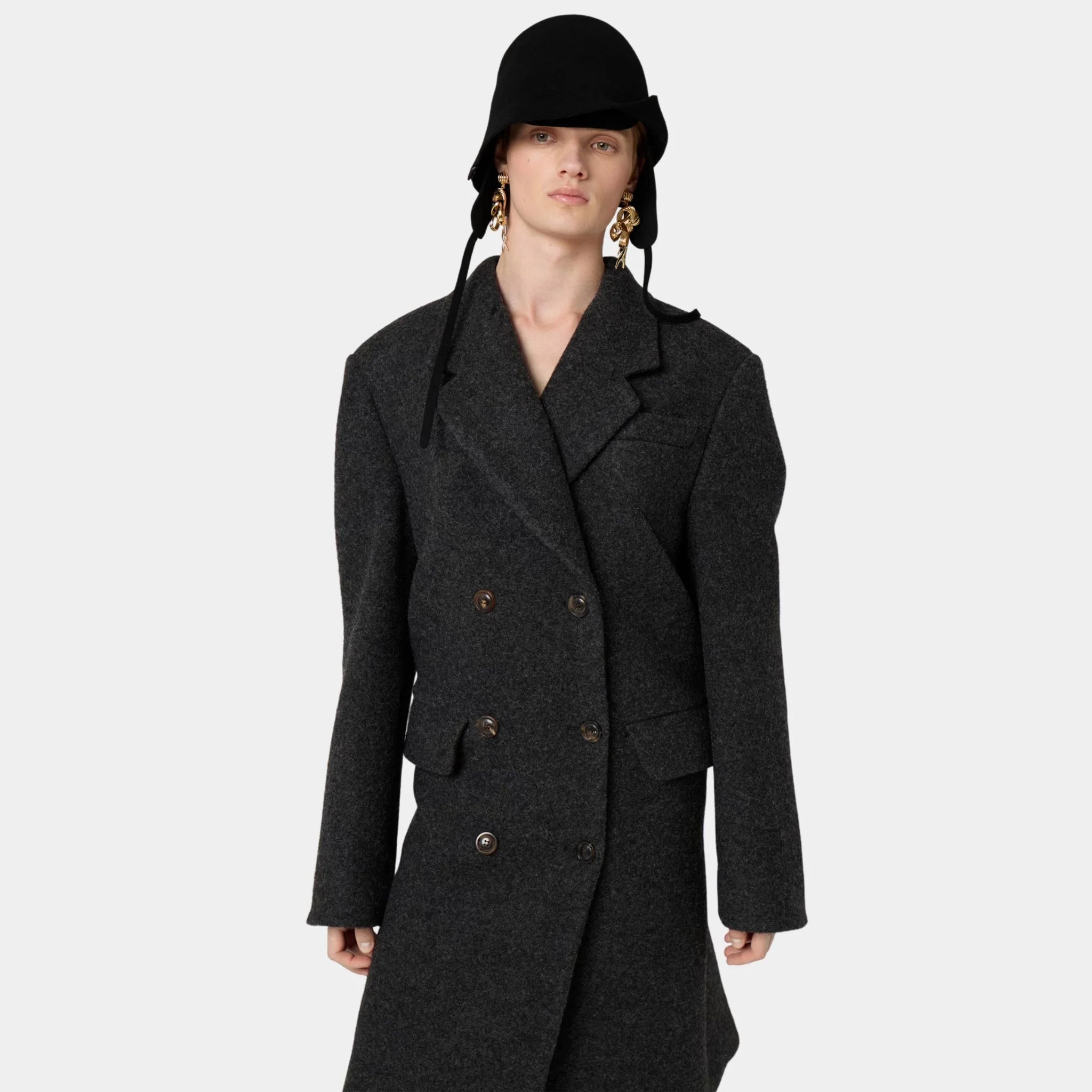 Miu Miu Double-breasted Shetland Wool Coat, Anthracite Gray, Model, Front, Close