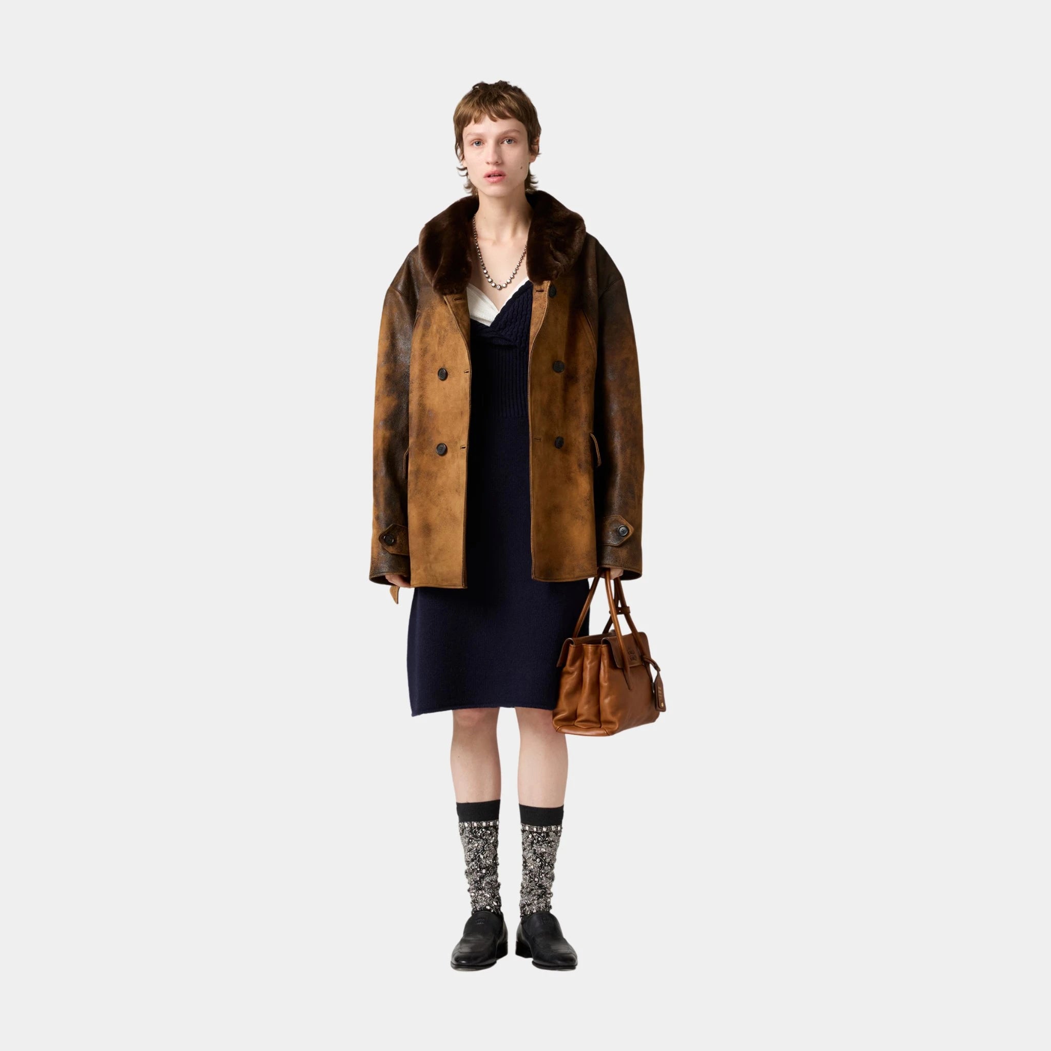 Miu Miu Double-breasted Waxed Lambskin Suede Caban Jacket, Cognac, Model, Front