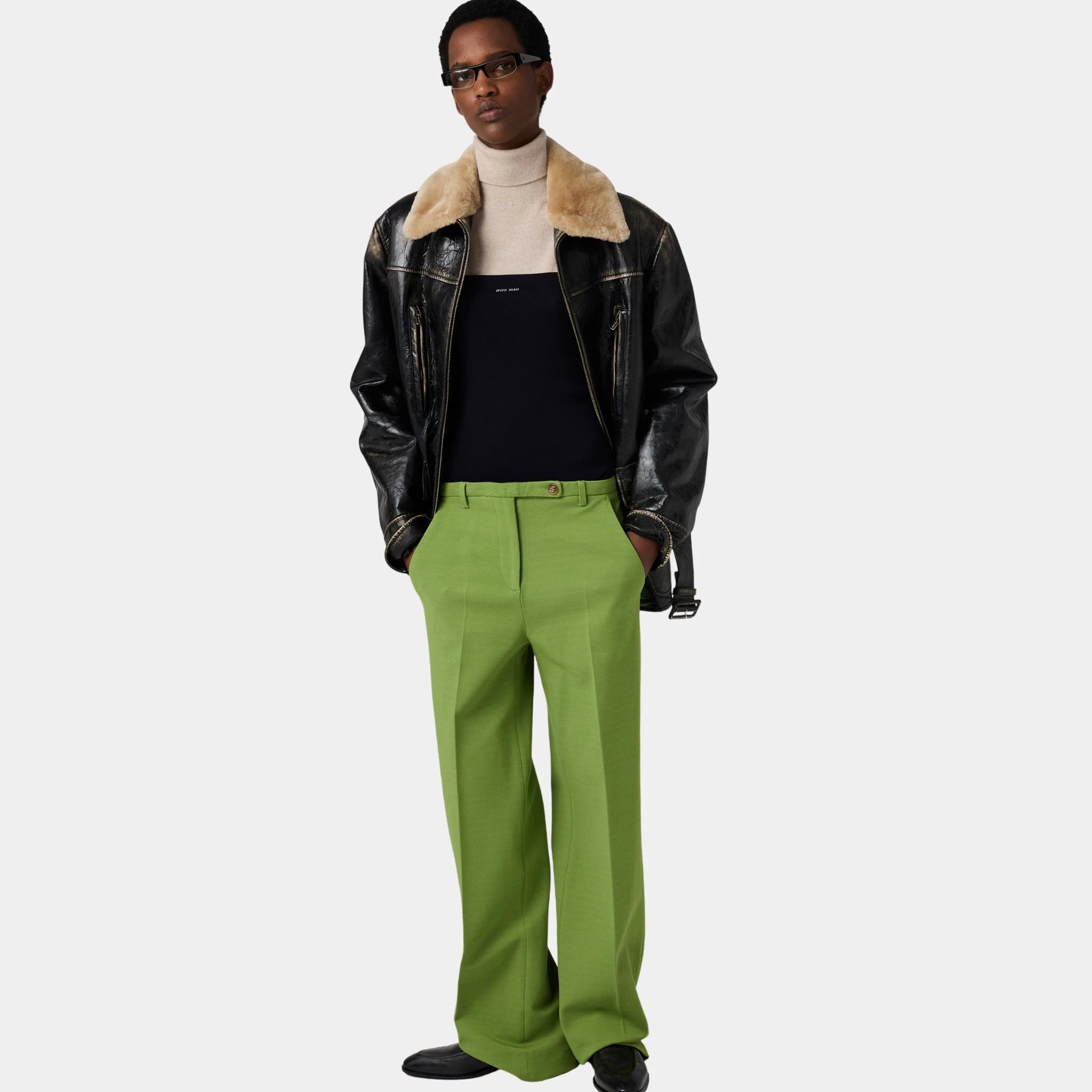 Miu Miu Fabric Stitch Knit Pants with Button, Green, Model, Front