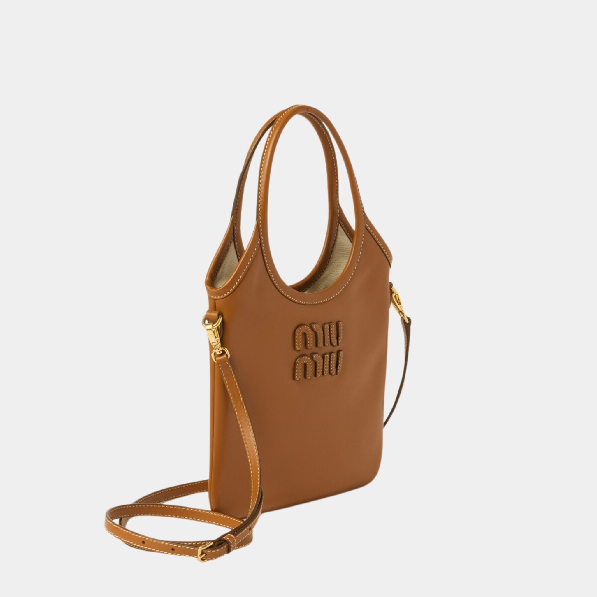 Miu Miu IVY Leather Mini Handbag, Cognac, Side