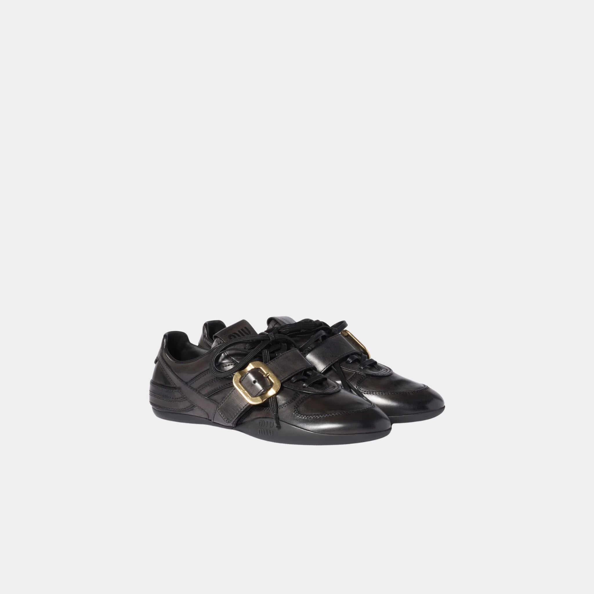 Miu Miu Leather Sneakers with Buckle, Black, Front