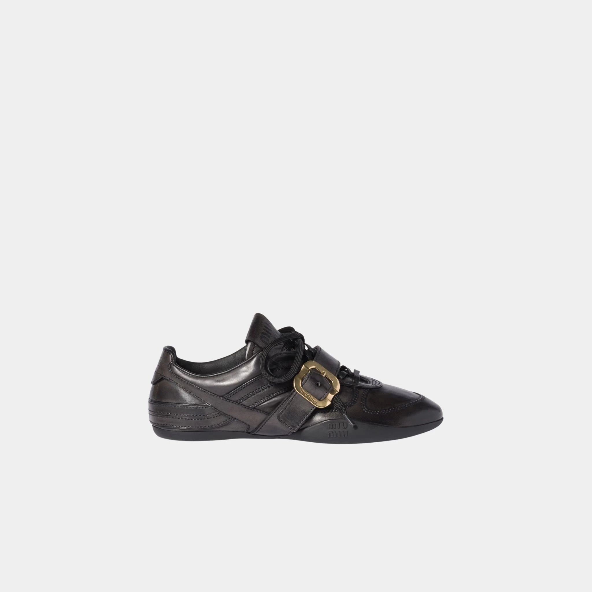 Miu Miu Leather Sneakers with Buckle, Black, Side