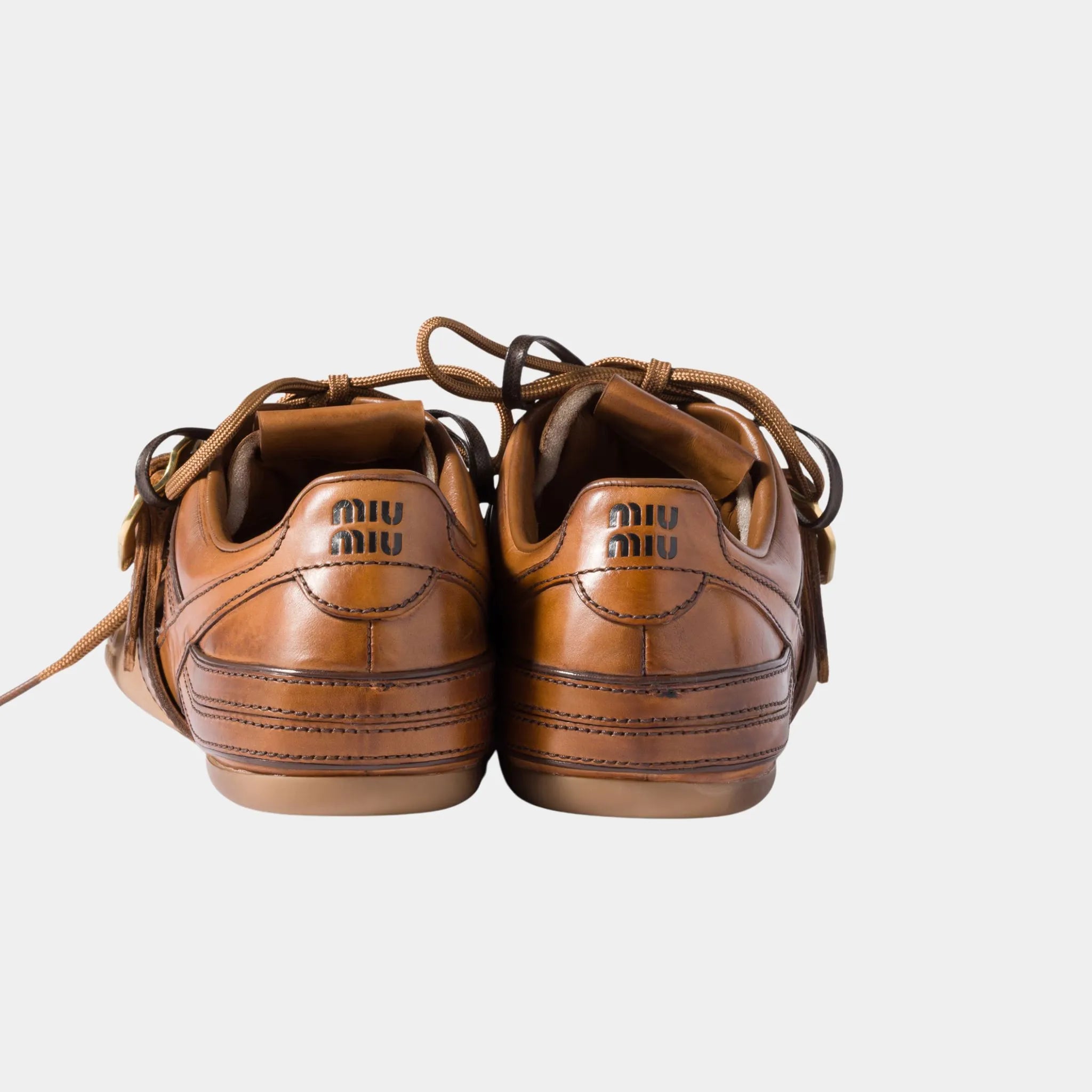 Miu Miu Leather Sneakers with Buckle, Cognac, Back