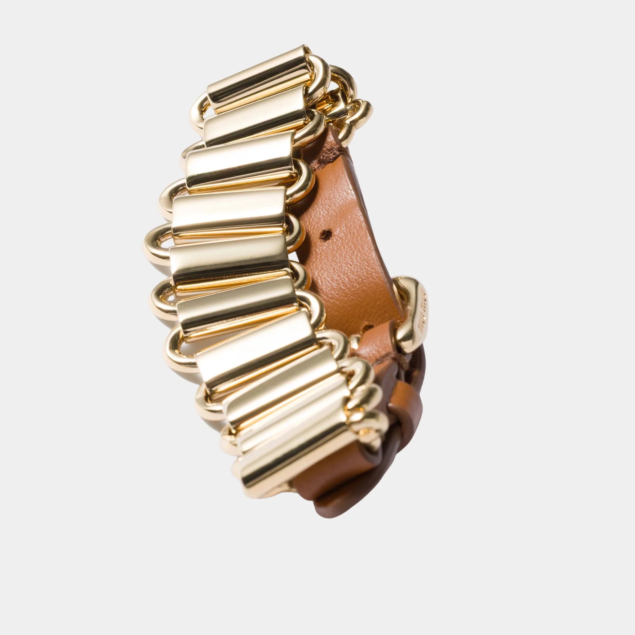 Miu Miu Metal and Leather Bracelet, Gold, Cognac, Close