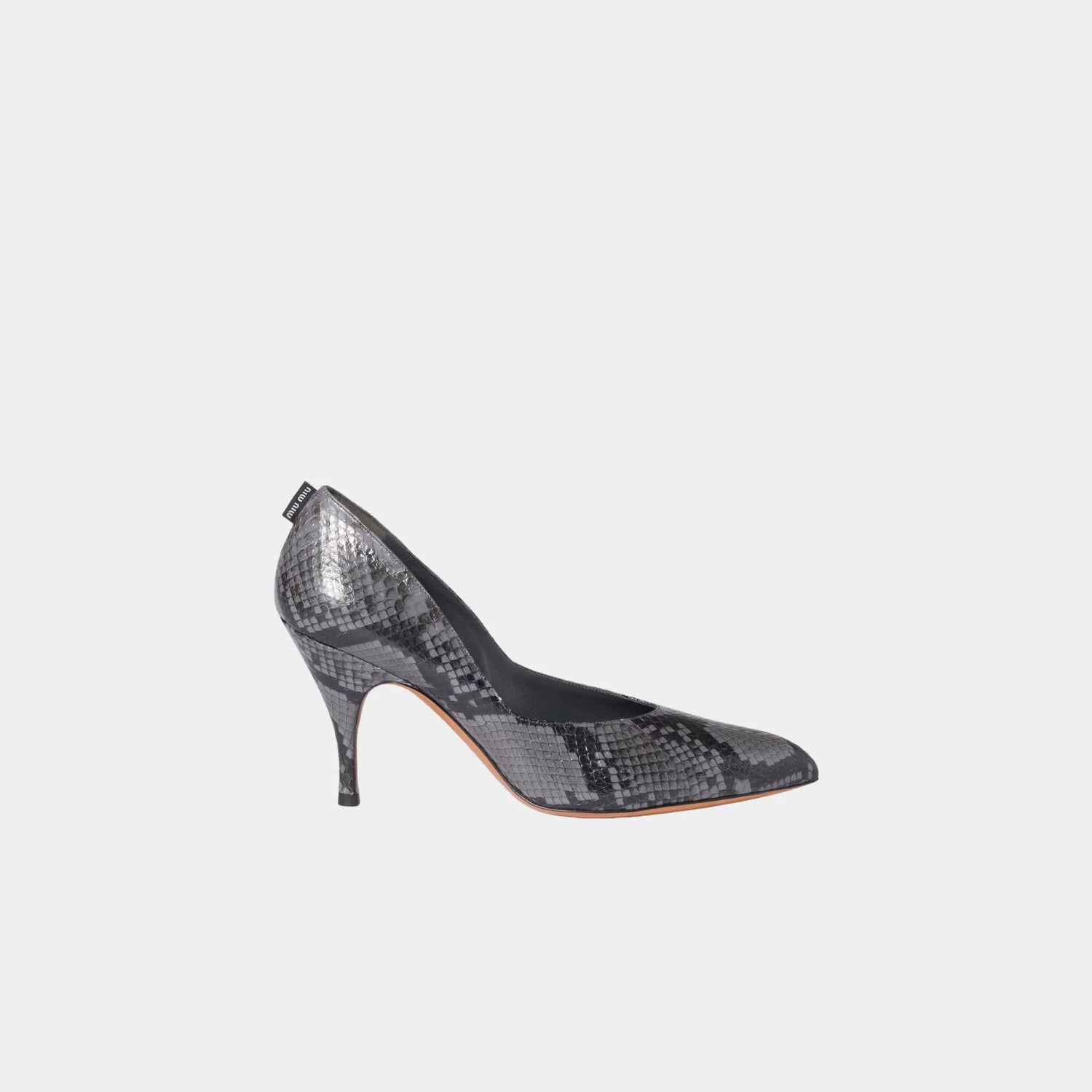 Miu Miu Python-print Ayers Leather Pumps, Slate Gray, Side