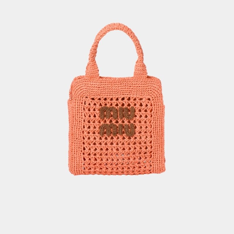 Miu Miu Raffia-Effect Crochet Fabric Tote Bag, TulipAndCognac, FrontView