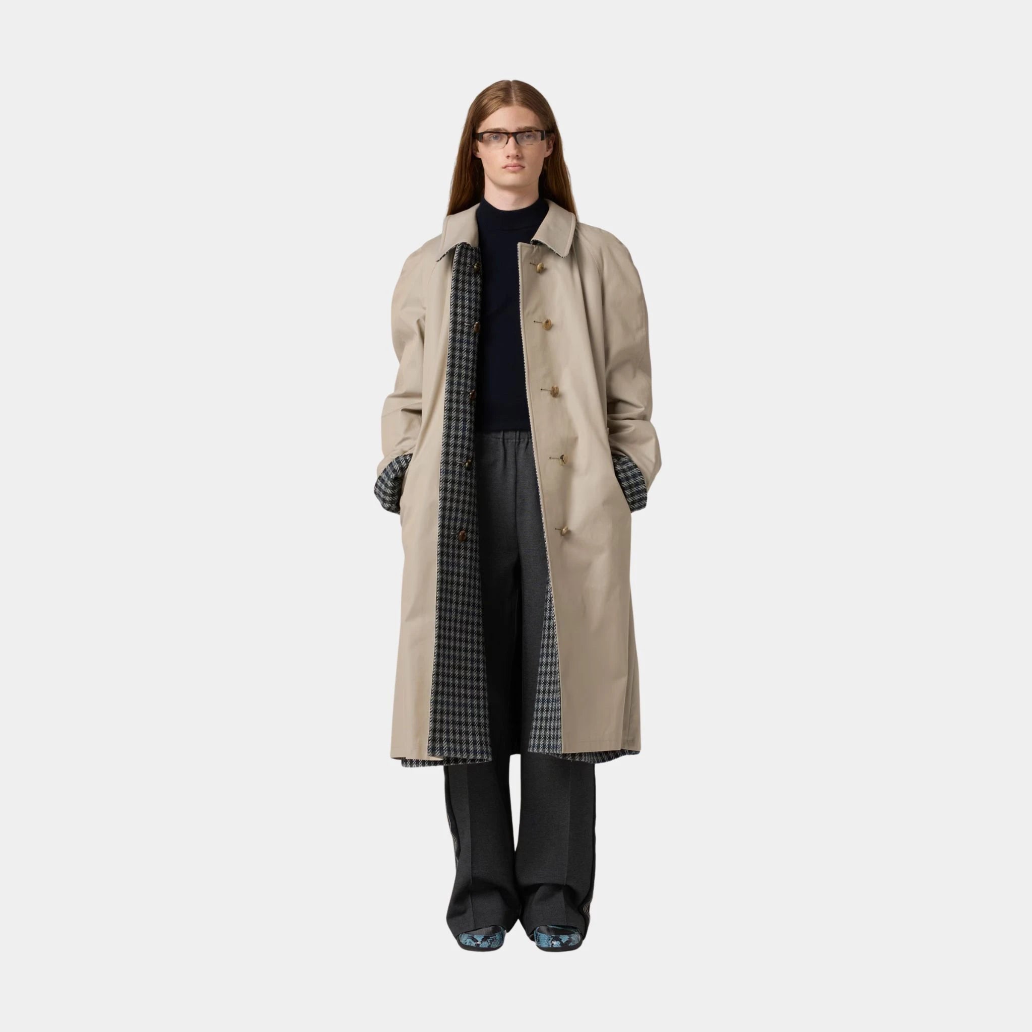 Miu Miu Reversible Twill and Check Trench Coat, Limestone, Model, Front