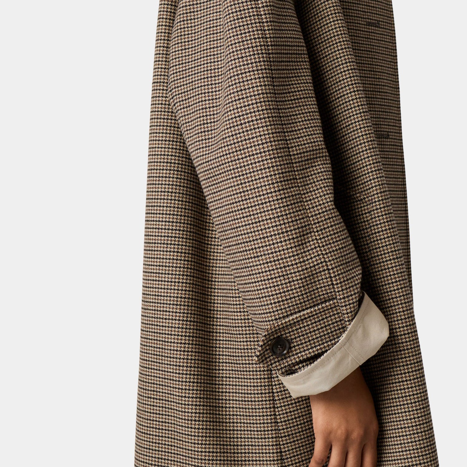 Miu Miu Reversible Twill and Houndstooth Check Trench Coat, Limestone, Model, Close, Side