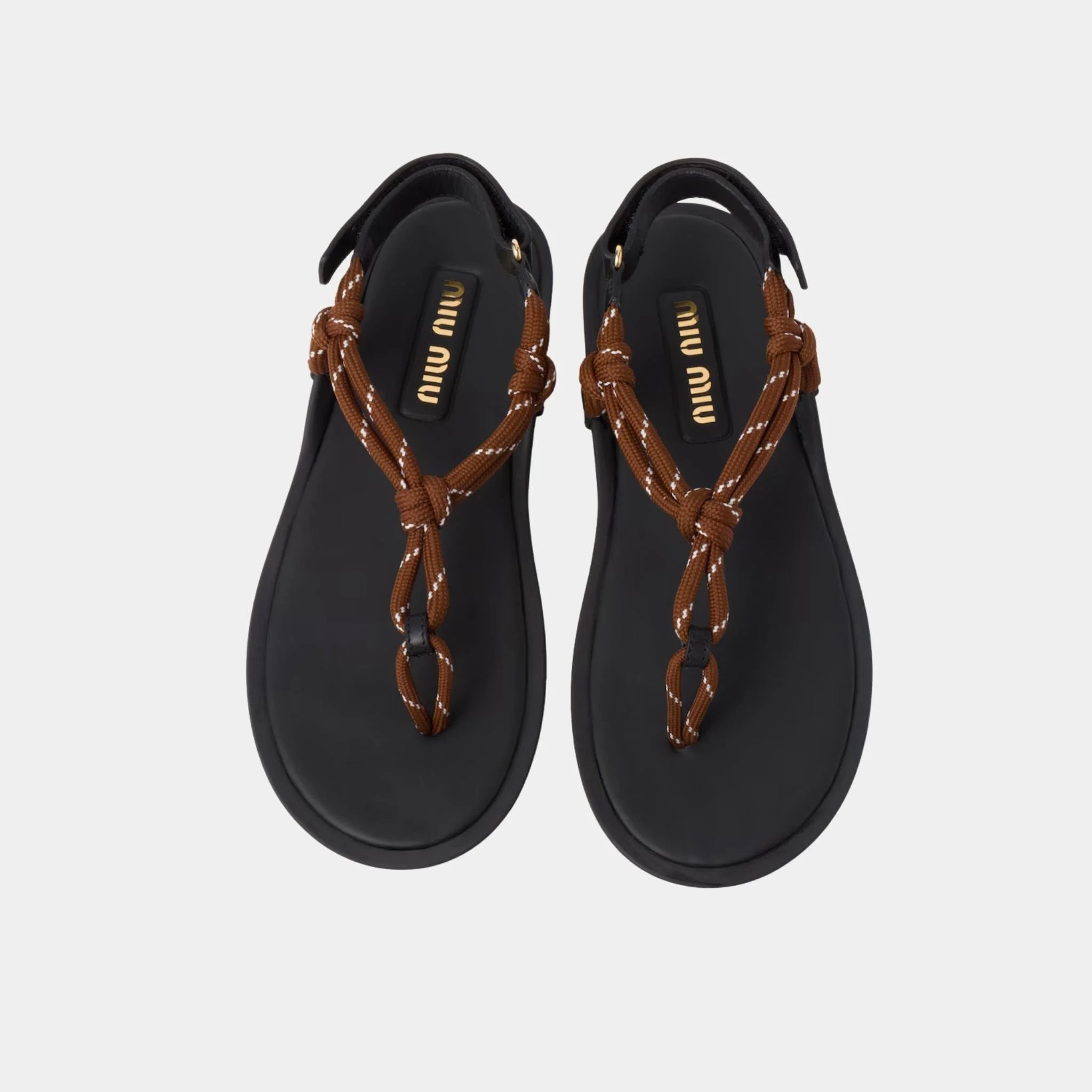 Miu Miu Riviere Cord and Leather Sandals, Tobacco, Top