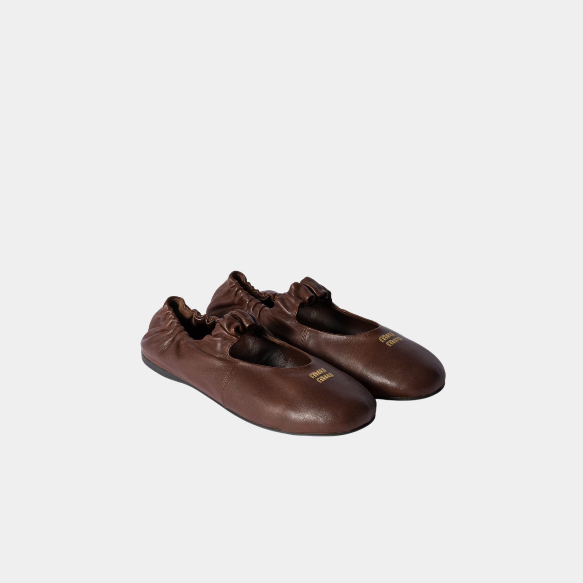 Miu Miu Ruches Nappa Leather Ballerinas, Briarwood, Front
