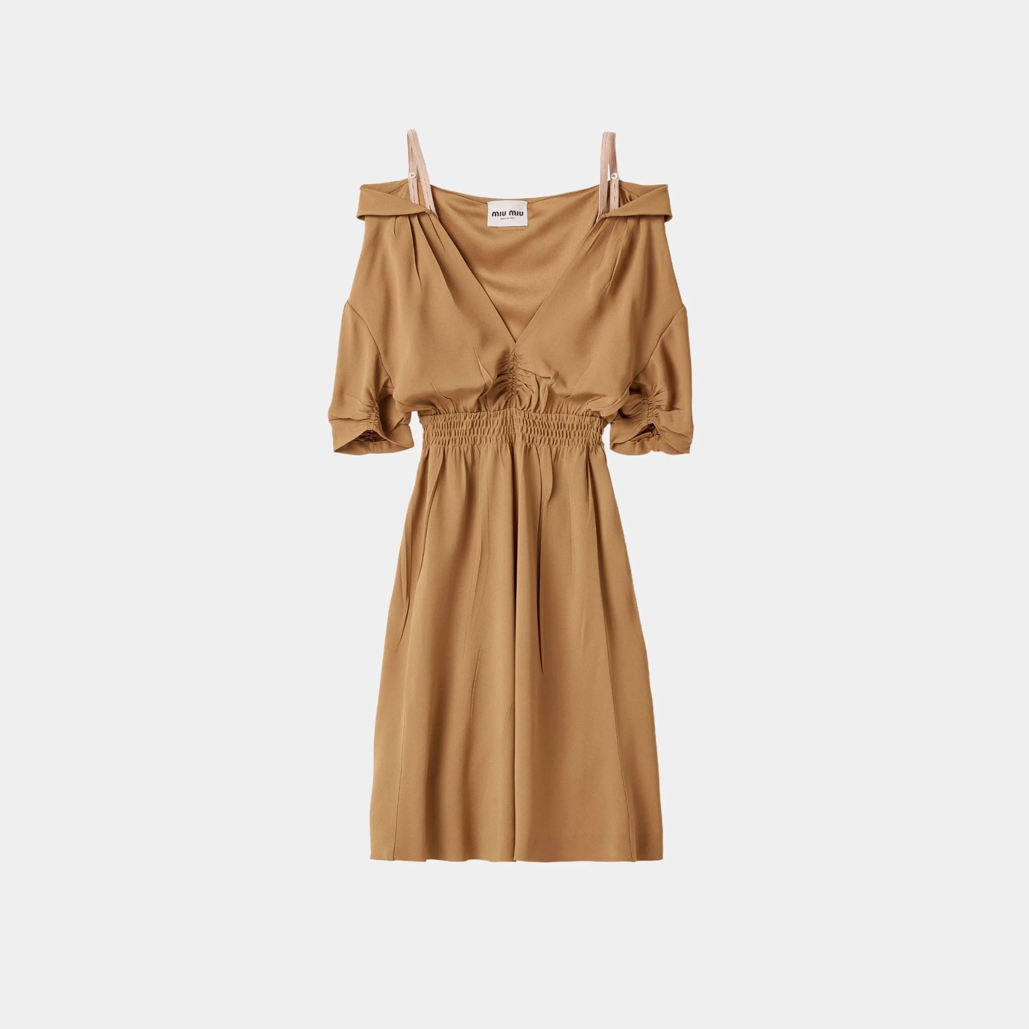 Miu Miu Sablé Dress with Shoulder Straps, Camel Brown, Front