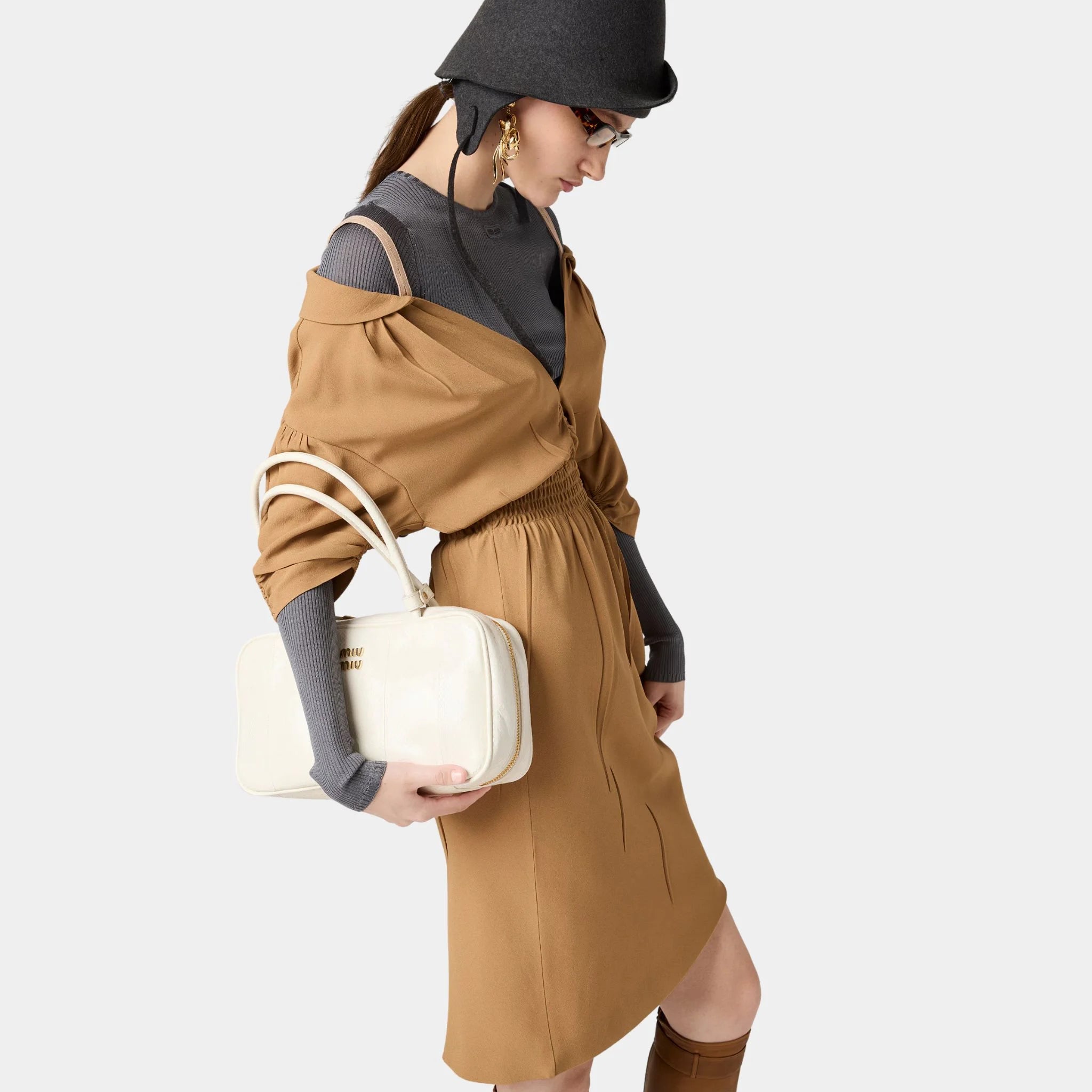 Miu Miu Sablé Dress with Shoulder Straps, Camel Brown, Model, Side