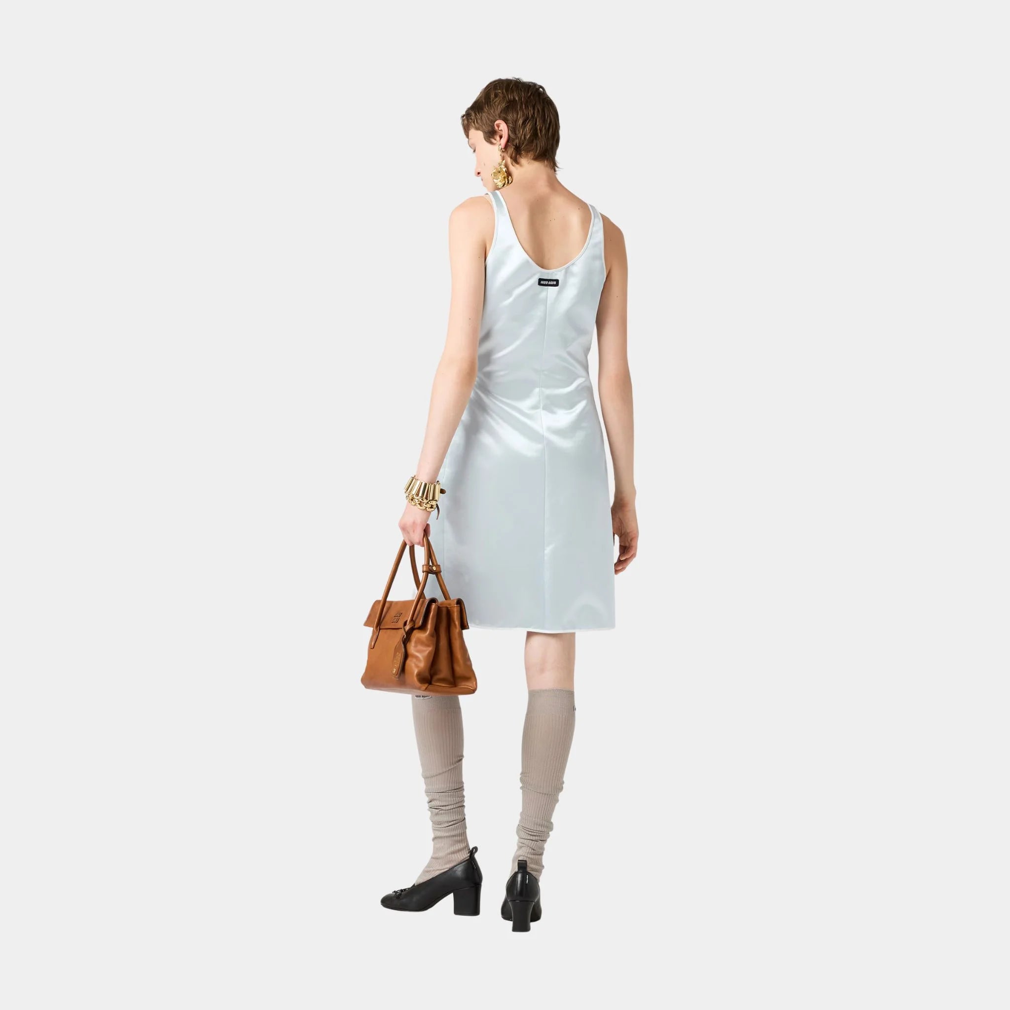 Miu Miu Satin Sleeveless Dress, Astro, Model, Back