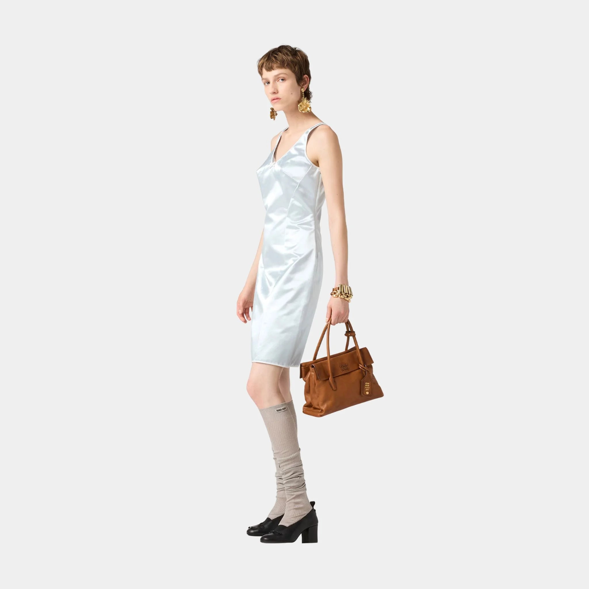 Miu Miu Satin Sleeveless Dress, Astro, Model, Side