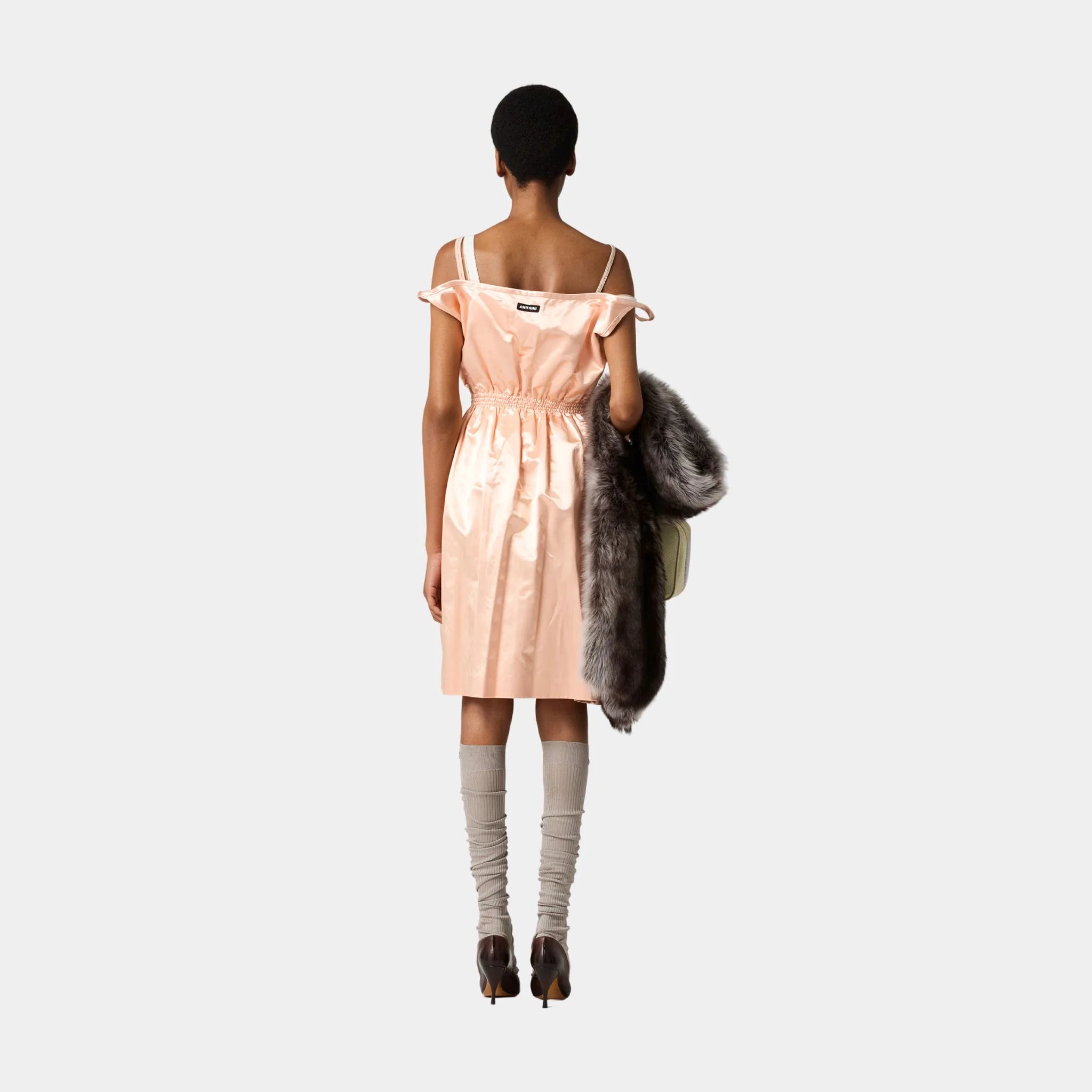Miu Miu Satin Sleeveless Flared Dress, Peach, Model, Back