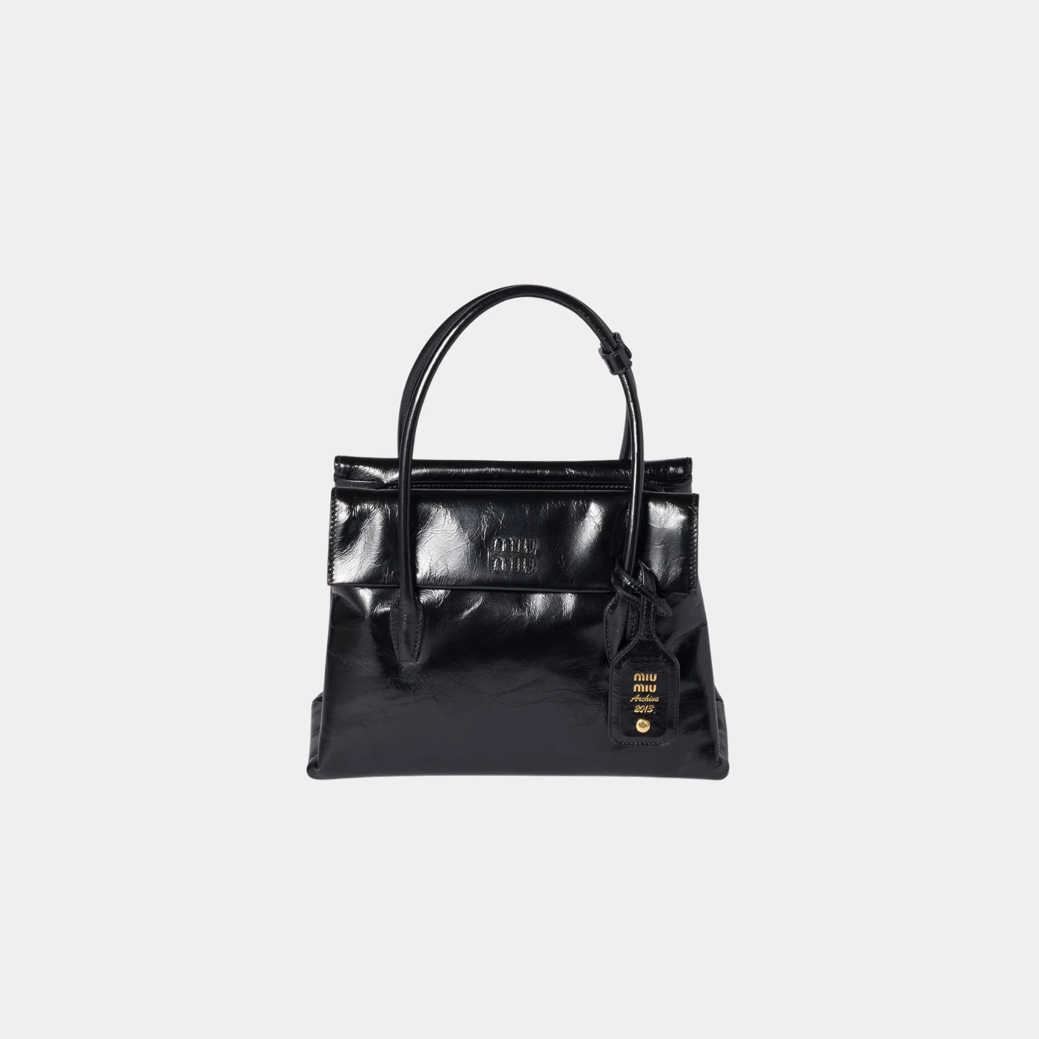 Solitaire Shiny Leather Bag, Black, Front