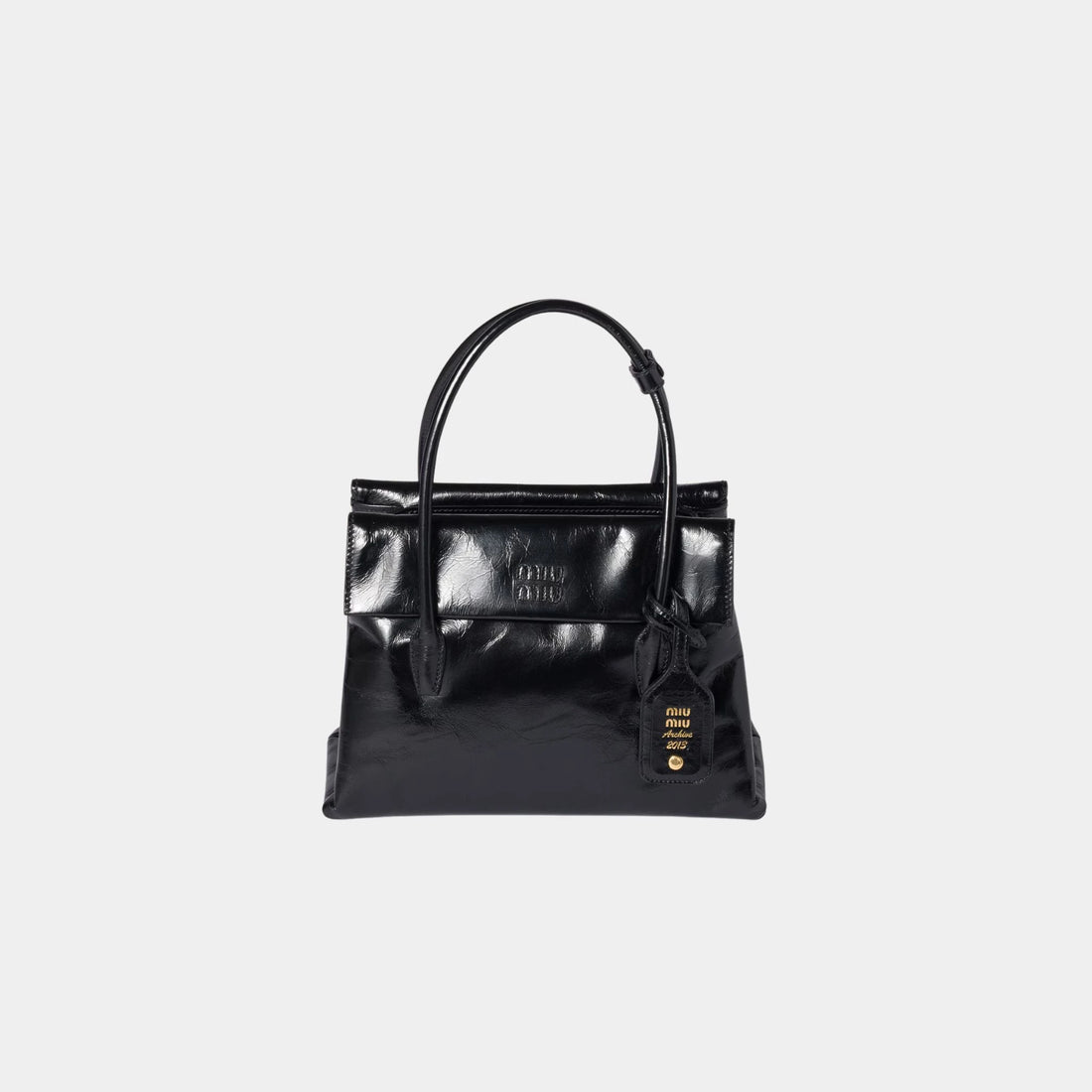 Solitaire Shiny Leather Bag, Black, Front