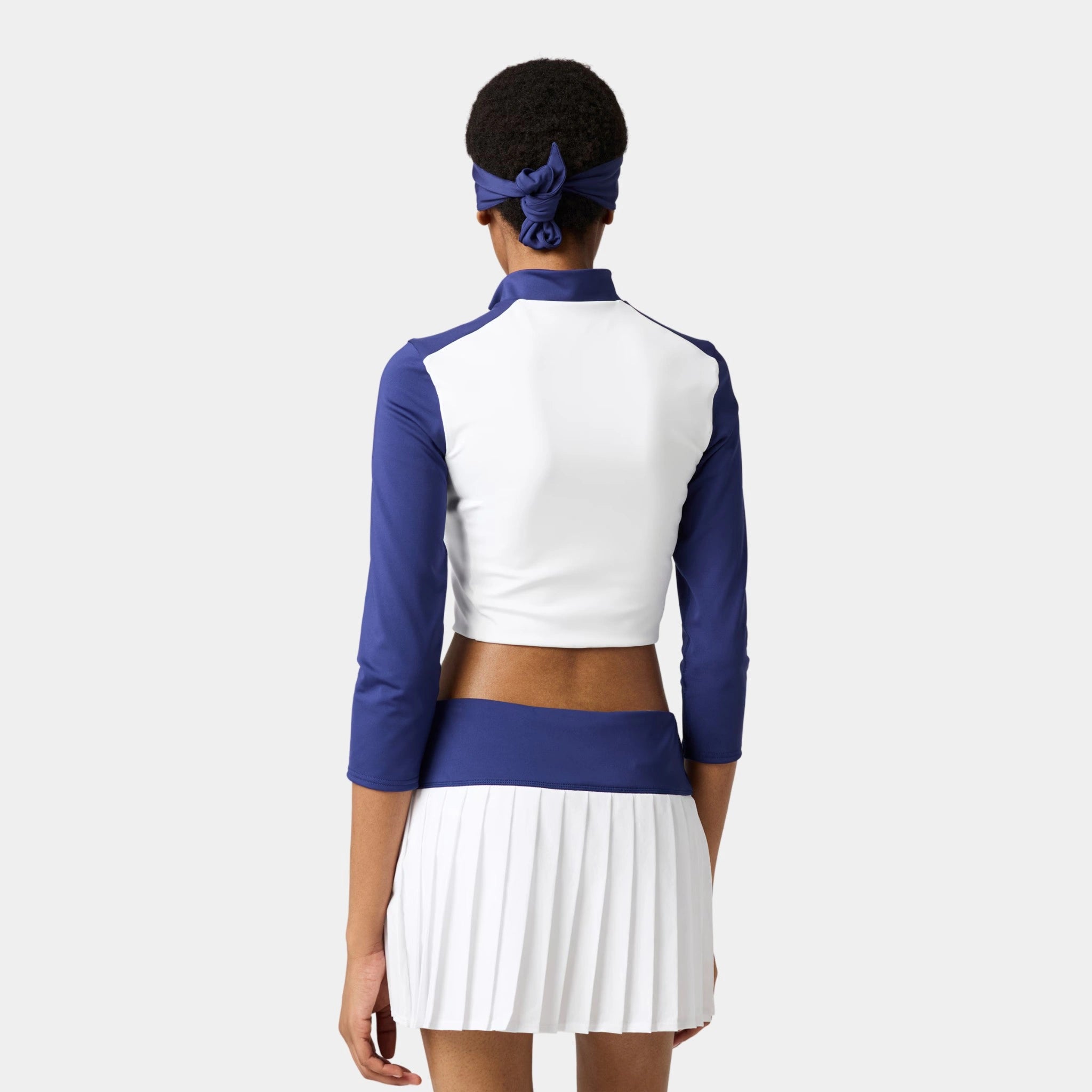 Miu Miu Stretch Technical Jersey Pleated Miniskirt, Royal Blue, White, Model, Back