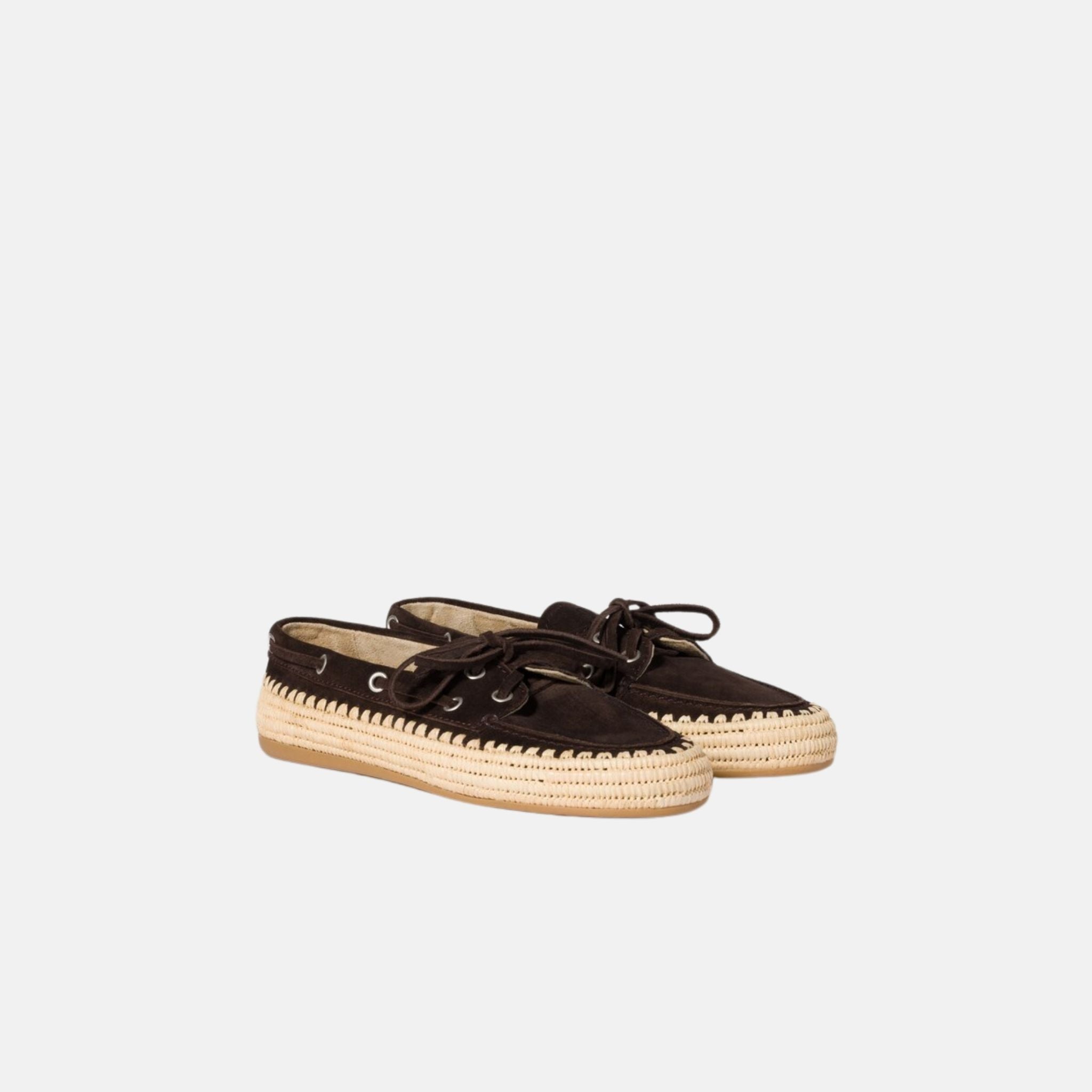 Miu Miu Suede and Raffia Boat Shoes, Dark Brown, Front